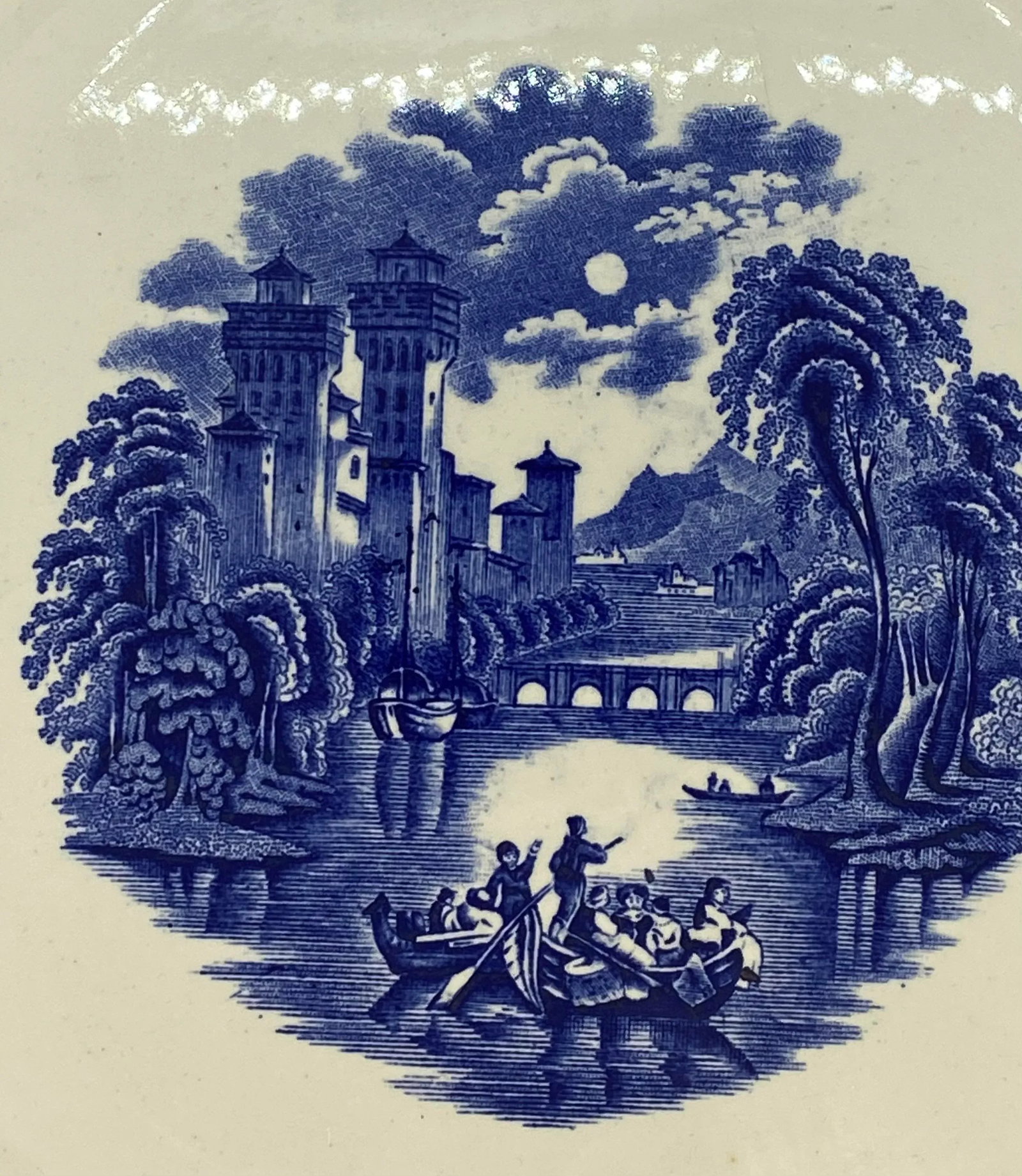 Antique Late 19th Century Ridgways Blue & White "Rhine" Transferware Chop Plate - 5