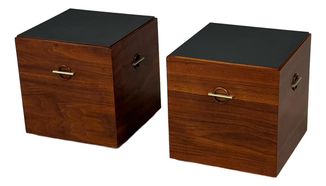 Refinished Walnut Lane End Tables - A Pair: A pair of mid century modern walnut end tables with black scratch resistant formica tops and brass accents finished on all sides made by Lane Furniture. Professionally refinished. Dated 1964. Made in 