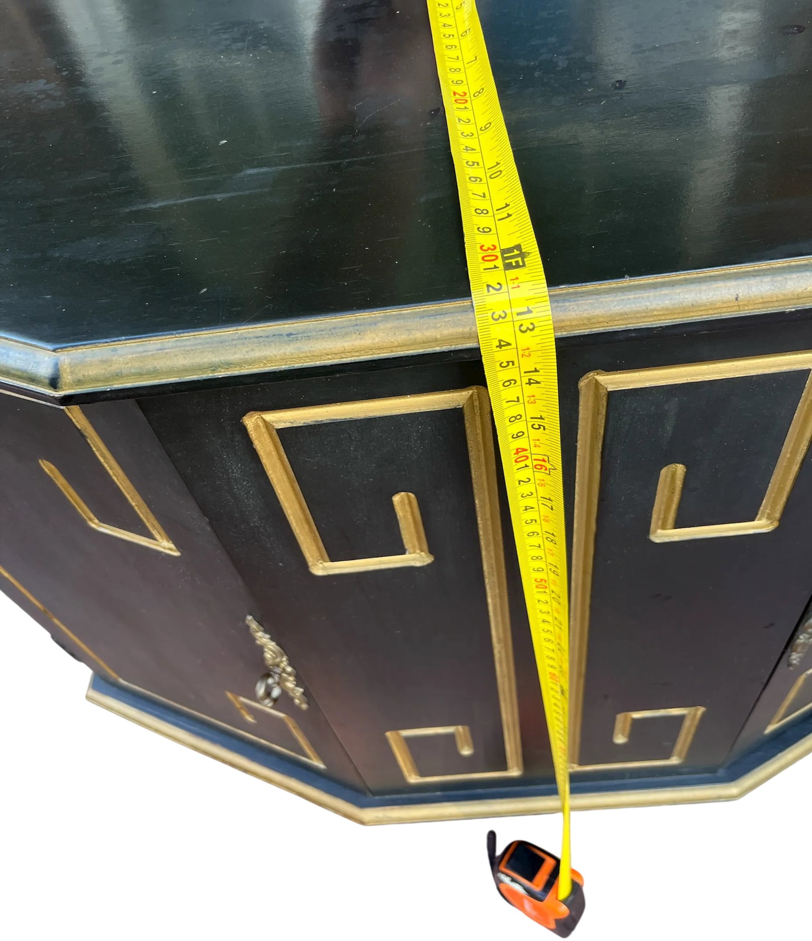 Hollywood Regency Black & Gold Trapezoid Credenza or Bath Vanity Cabinet in the Style of Dorothy Dra - 10