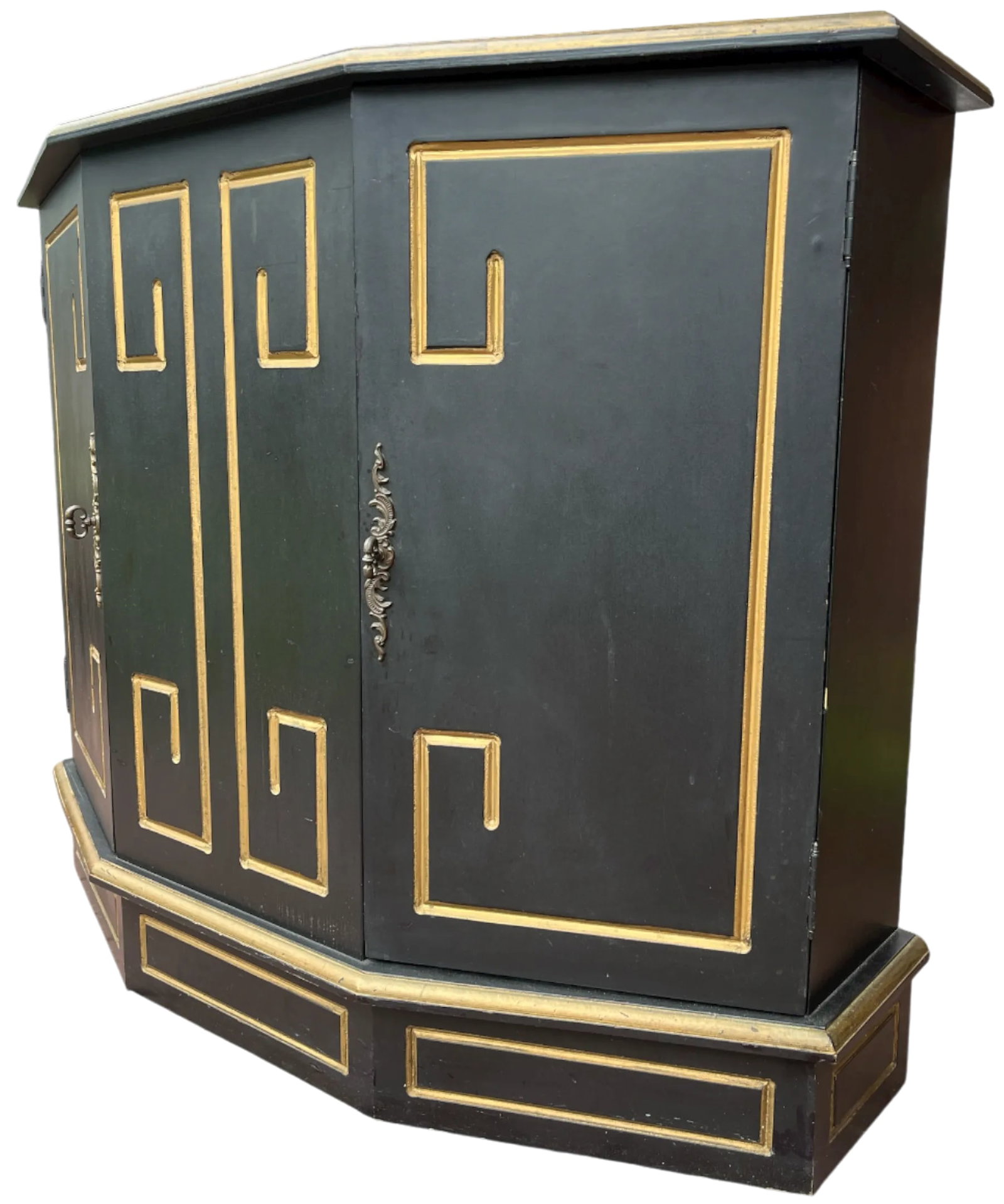 Hollywood Regency Black & Gold Trapezoid Credenza or Bath Vanity Cabinet in the Style of Dorothy Dra - 2