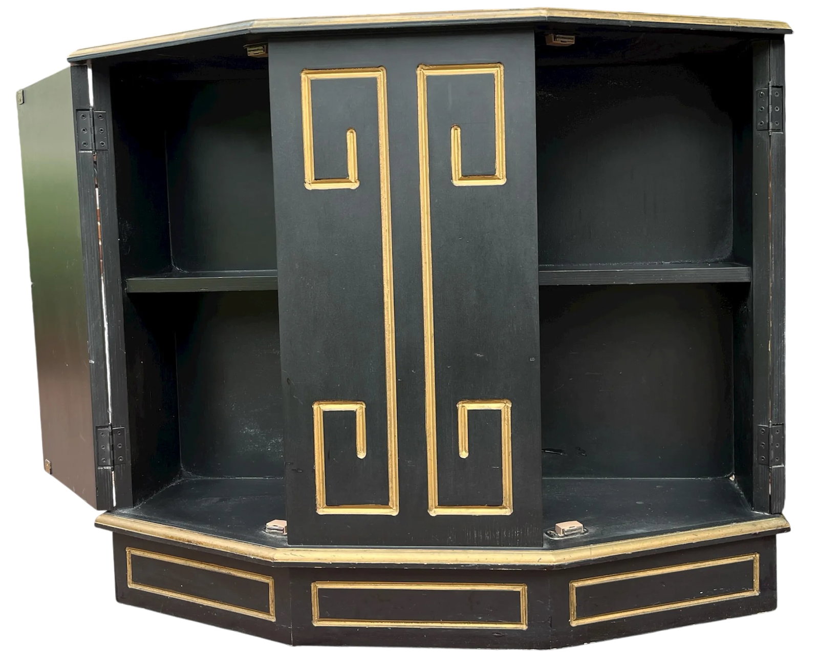 Hollywood Regency Black & Gold Trapezoid Credenza or Bath Vanity Cabinet in the Style of Dorothy Dra - 3