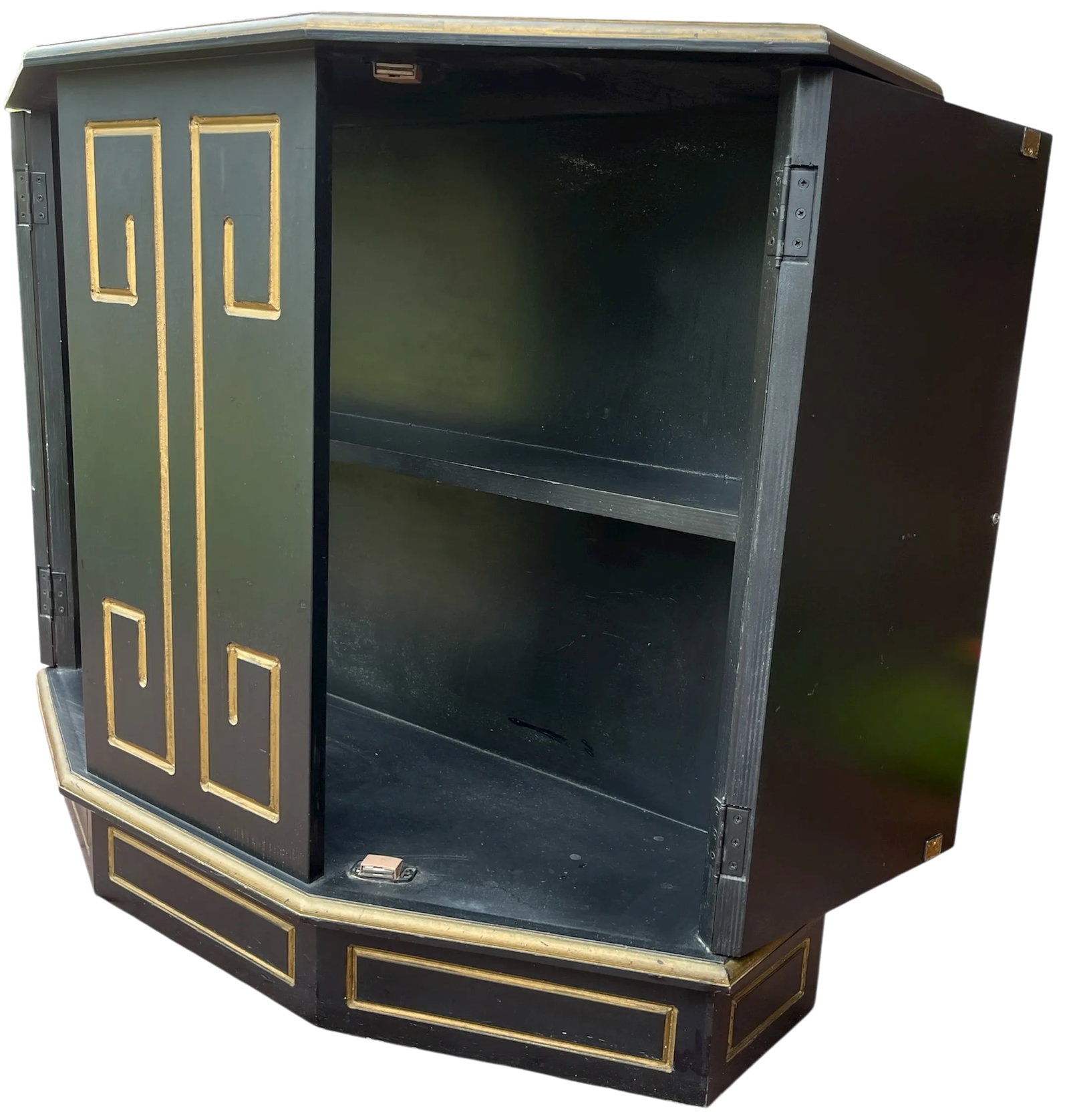 Hollywood Regency Black & Gold Trapezoid Credenza or Bath Vanity Cabinet in the Style of Dorothy Dra - 4