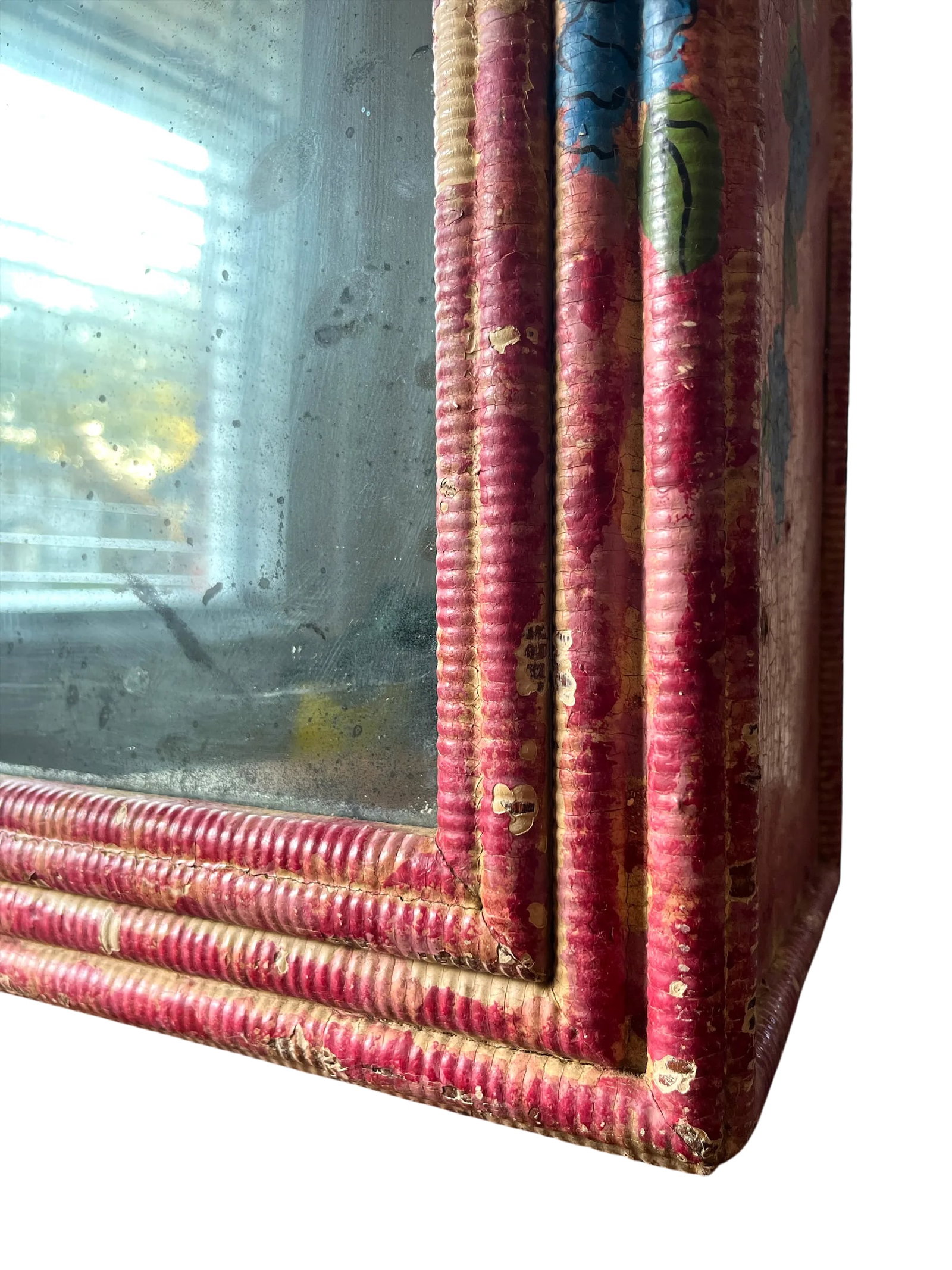 Antique Late 19th Century Hand-Painted Blue Hydrangea Wicker Cabinet With Mirror & Cut Glass Knob - 10