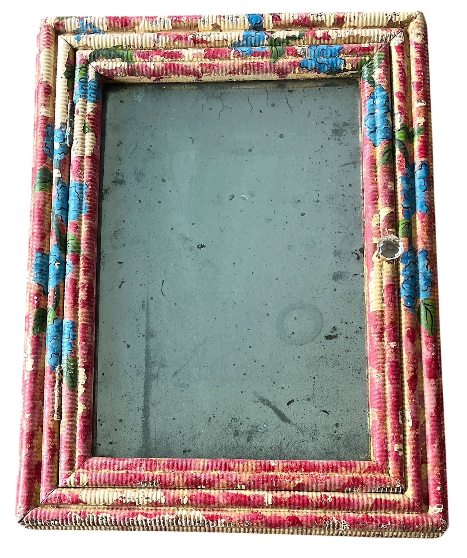 Antique Late 19th Century Hand-Painted Blue Hydrangea Wicker Cabinet With Mirror & Cut Glass Knob - 2