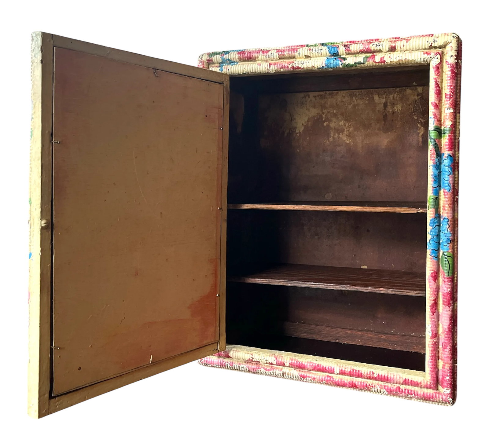Antique Late 19th Century Hand-Painted Blue Hydrangea Wicker Cabinet With Mirror & Cut Glass Knob - 3