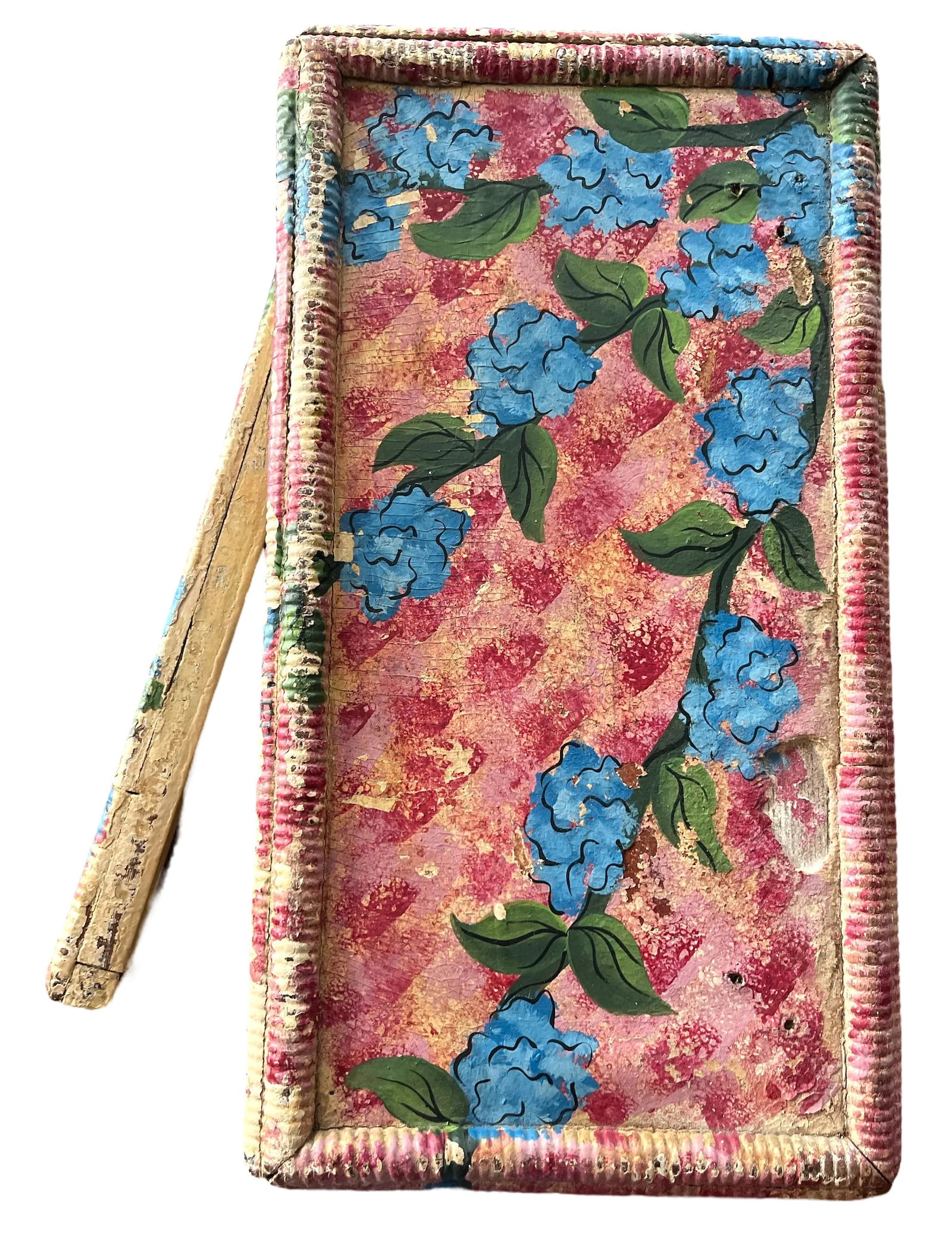 Antique Late 19th Century Hand-Painted Blue Hydrangea Wicker Cabinet With Mirror & Cut Glass Knob - 4
