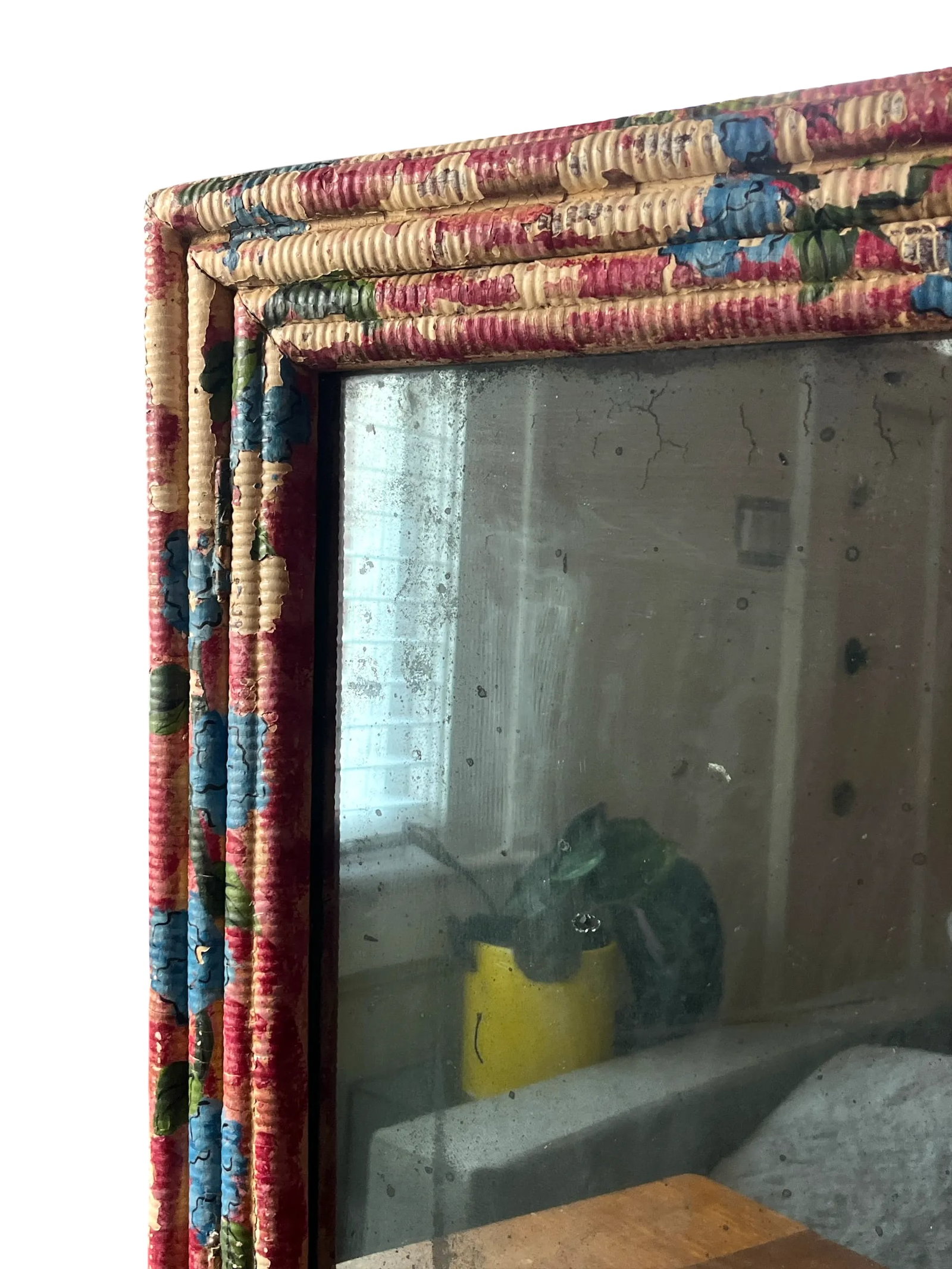 Antique Late 19th Century Hand-Painted Blue Hydrangea Wicker Cabinet With Mirror & Cut Glass Knob - 8