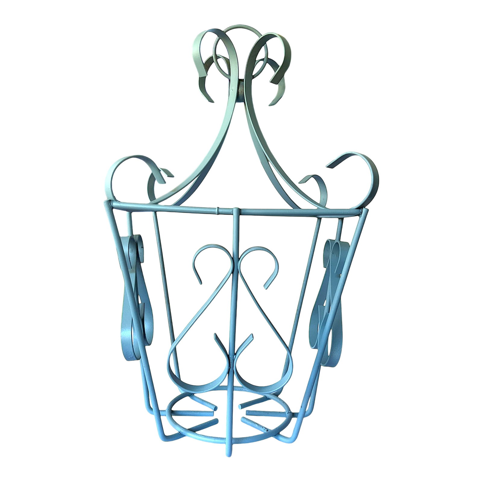 Vintage Pale Sage Green Wrought Iron Lantern Frame - Hollywood Regency French Provincial Style: Graceful and architectural, this vintage wrought iron lantern frame brings charm to any space. Its sculptural silhouette - complete with looping scrolls, ribbon-like curls, and an elegant crown