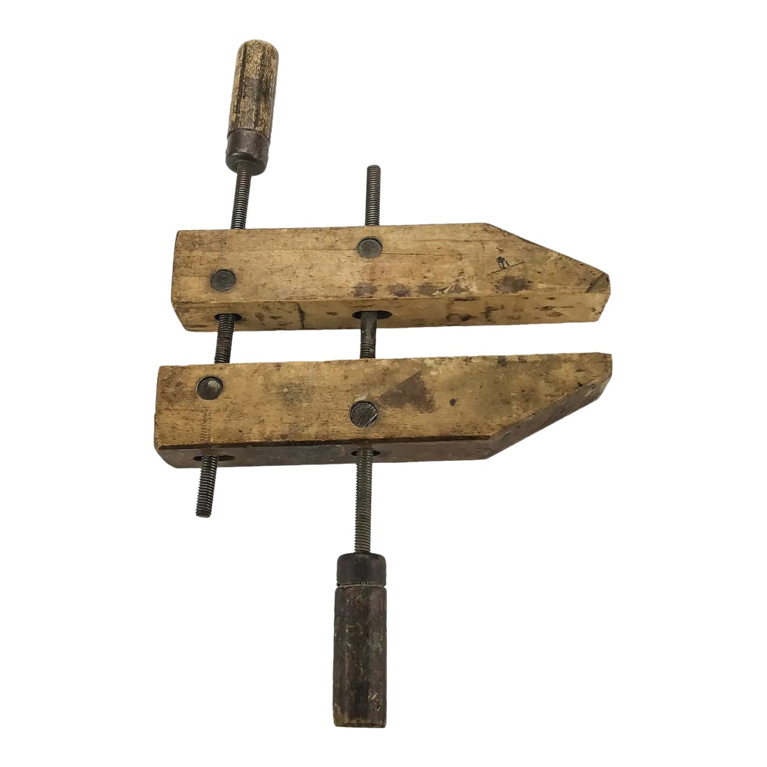 Vintage Solid Wood Carpenter Screw Clamp: In wonderful vintage condition to use or display. Heavy duty brass screws hold 2 pieces of wood together forming a super useful clamp. The screws have a wood handle which has been hand carved with