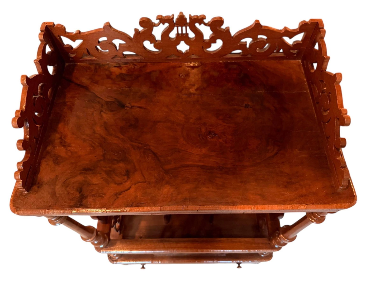Late 19th Century Victorian Burr Walnut Canterbury / Sheet Music What-Not on Castors - Rich Figured - 10