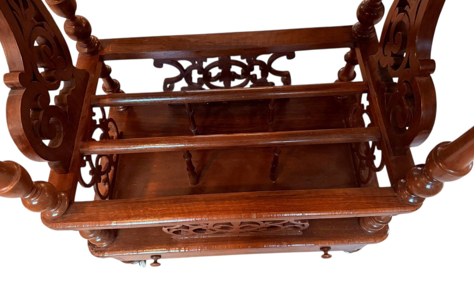Late 19th Century Victorian Burr Walnut Canterbury / Sheet Music What-Not on Castors - Rich Figured - 11
