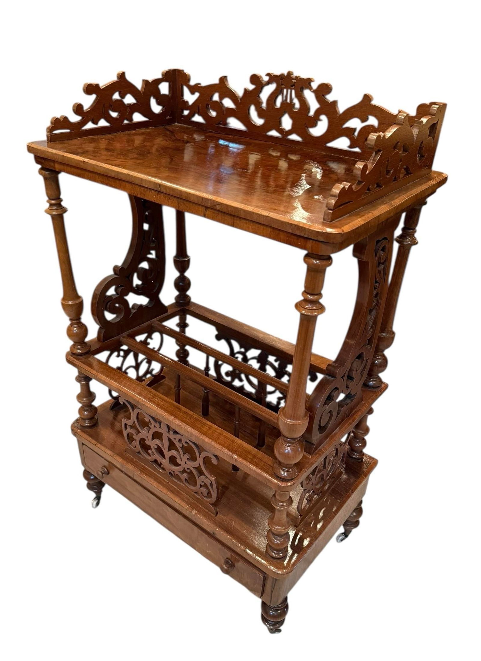 Late 19th Century Victorian Burr Walnut Canterbury / Sheet Music What-Not on Castors - Rich Figured - 12