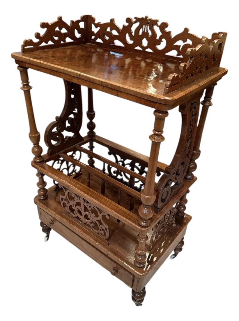 Late 19th Century Victorian Burr Walnut Canterbury / Sheet Music What-Not on Castors - Rich Figured: Victorian Burr Walnut Canterbury Cabinet / Sheet Music What-Not on Castors - Rich Figured Veneer. This cabinet is made of burr (burl) walnut veneer. It has ornate pierced fretwork, bobbin/barley-twist