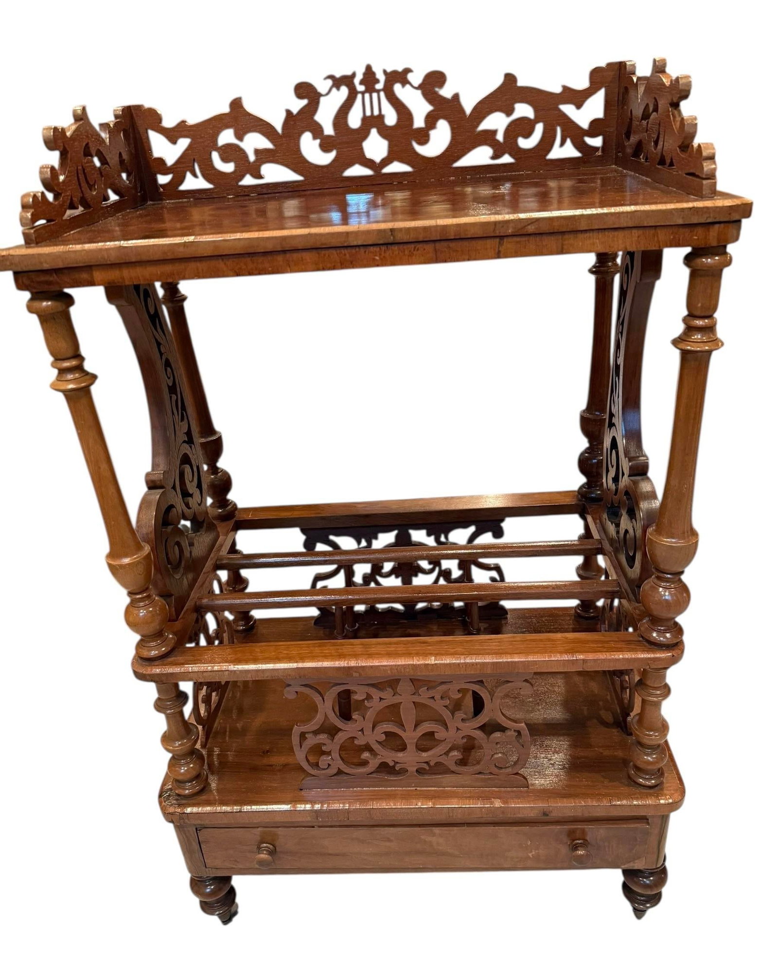 Late 19th Century Victorian Burr Walnut Canterbury / Sheet Music What-Not on Castors - Rich Figured - 2