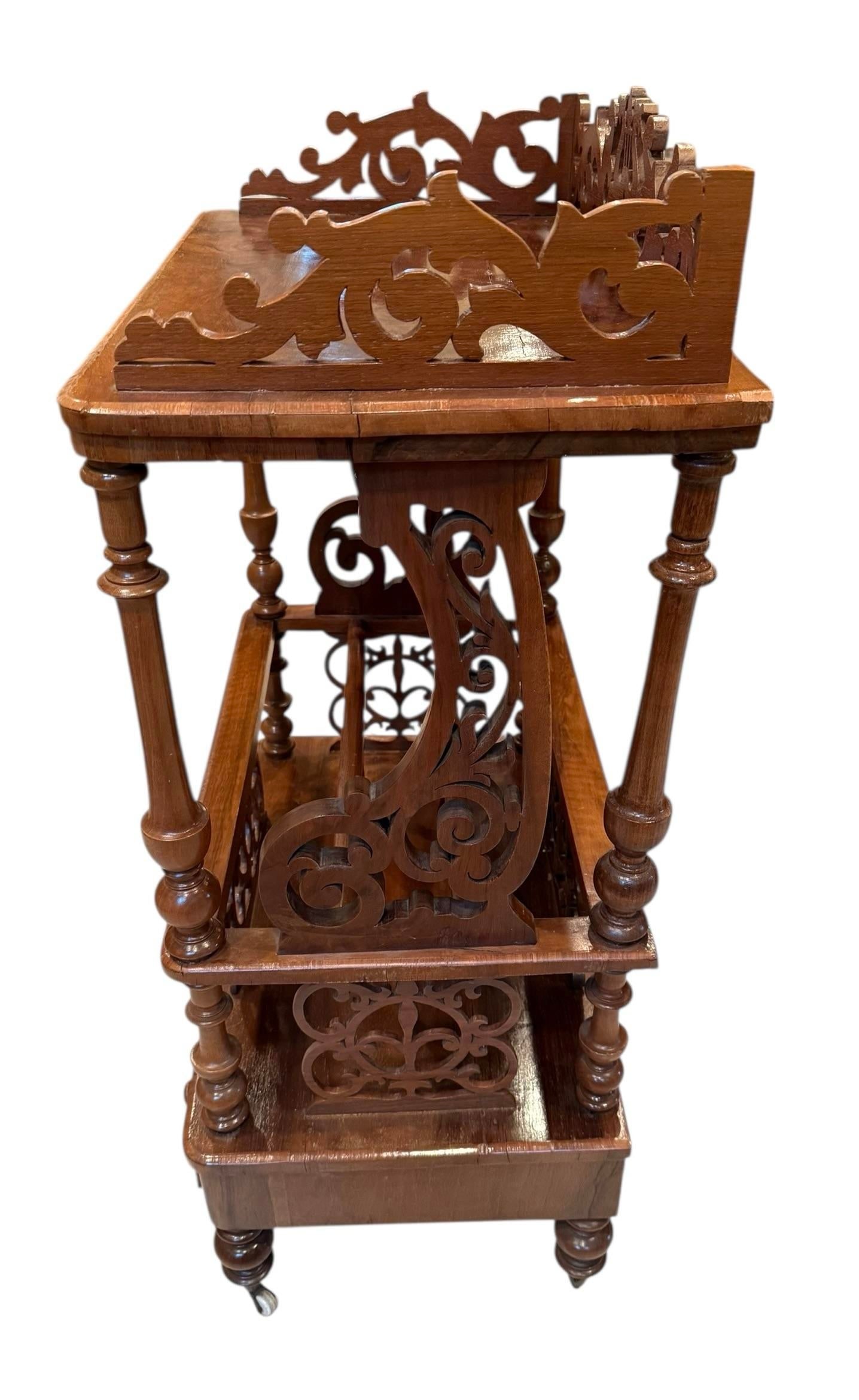 Late 19th Century Victorian Burr Walnut Canterbury / Sheet Music What-Not on Castors - Rich Figured - 3