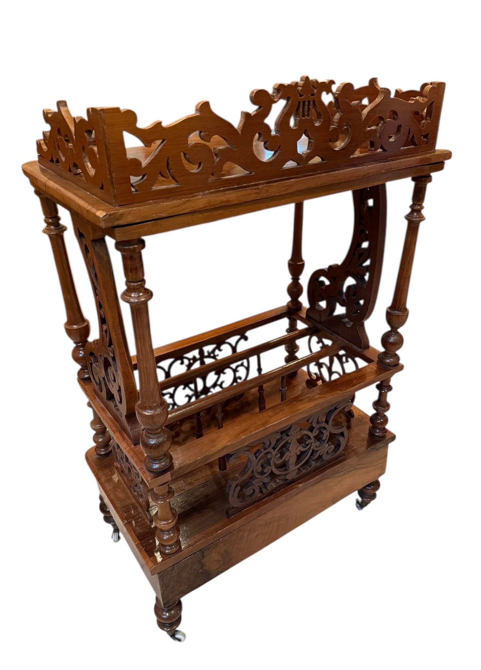 Late 19th Century Victorian Burr Walnut Canterbury / Sheet Music What-Not on Castors - Rich Figured - 4