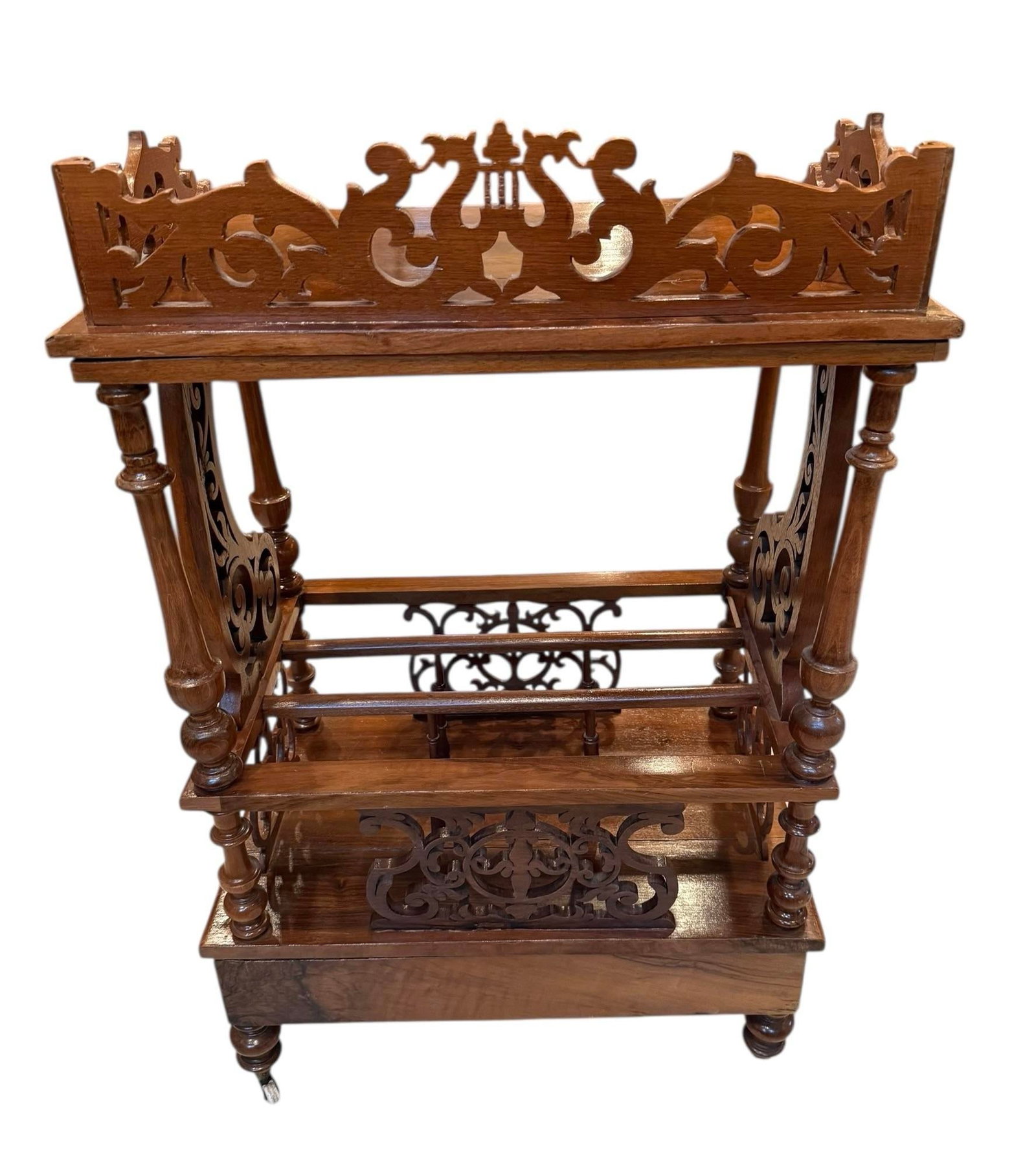 Late 19th Century Victorian Burr Walnut Canterbury / Sheet Music What-Not on Castors - Rich Figured - 5
