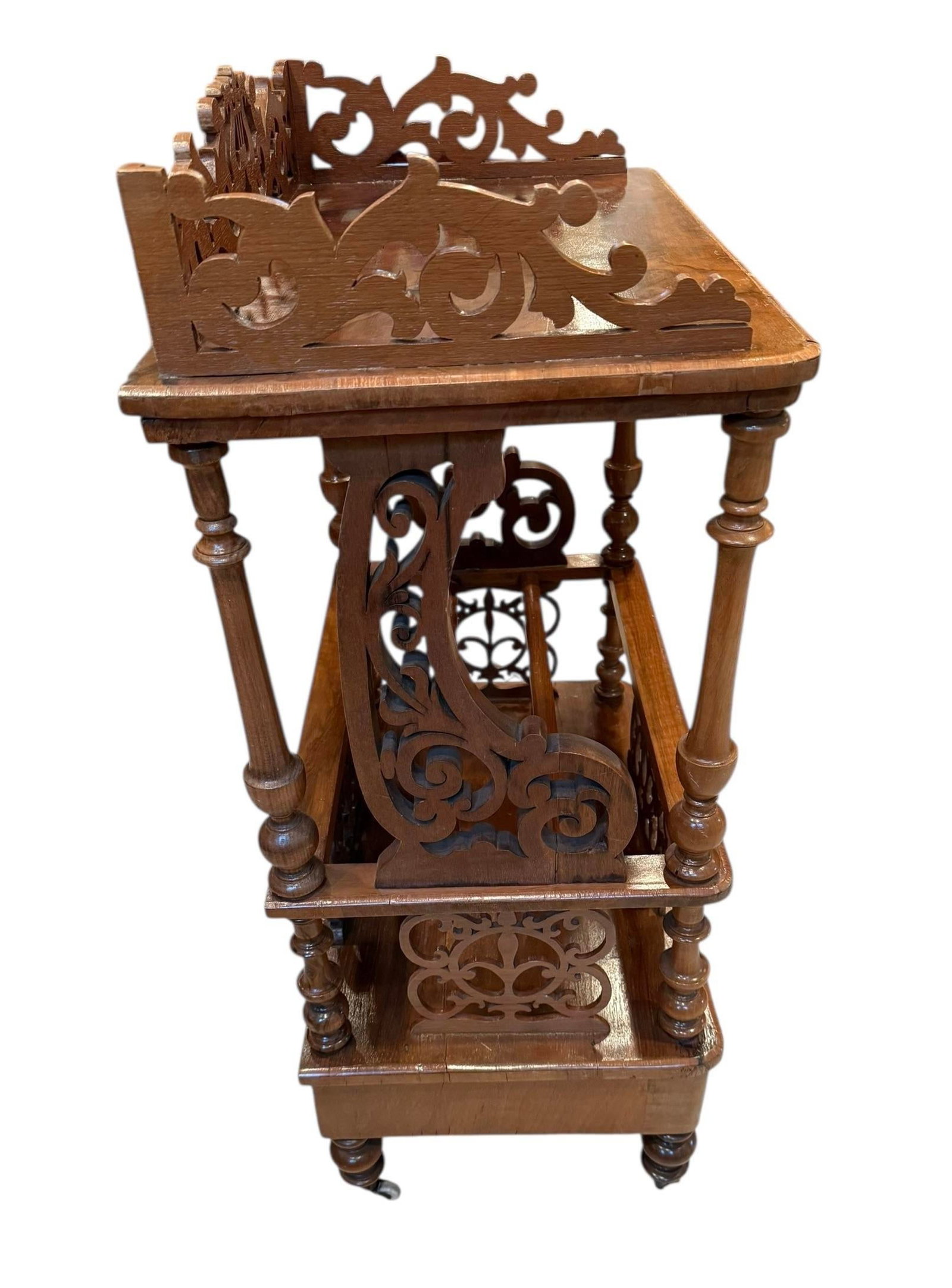 Late 19th Century Victorian Burr Walnut Canterbury / Sheet Music What-Not on Castors - Rich Figured - 7