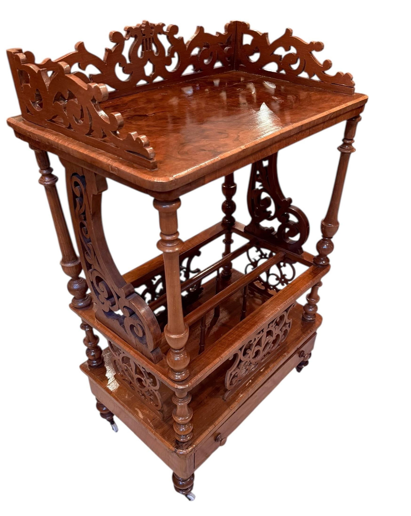 Late 19th Century Victorian Burr Walnut Canterbury / Sheet Music What-Not on Castors - Rich Figured - 8