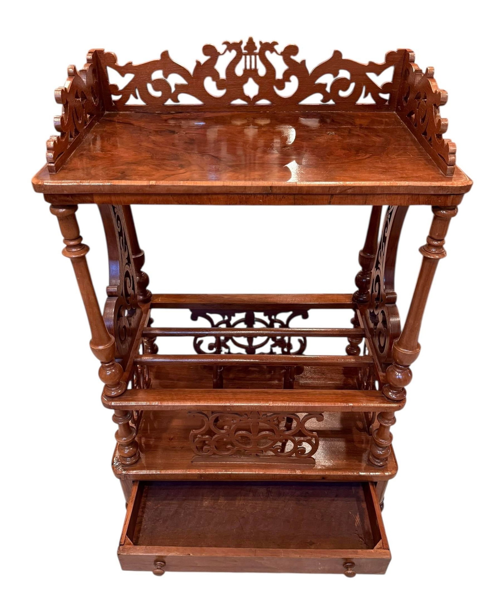 Late 19th Century Victorian Burr Walnut Canterbury / Sheet Music What-Not on Castors - Rich Figured - 9