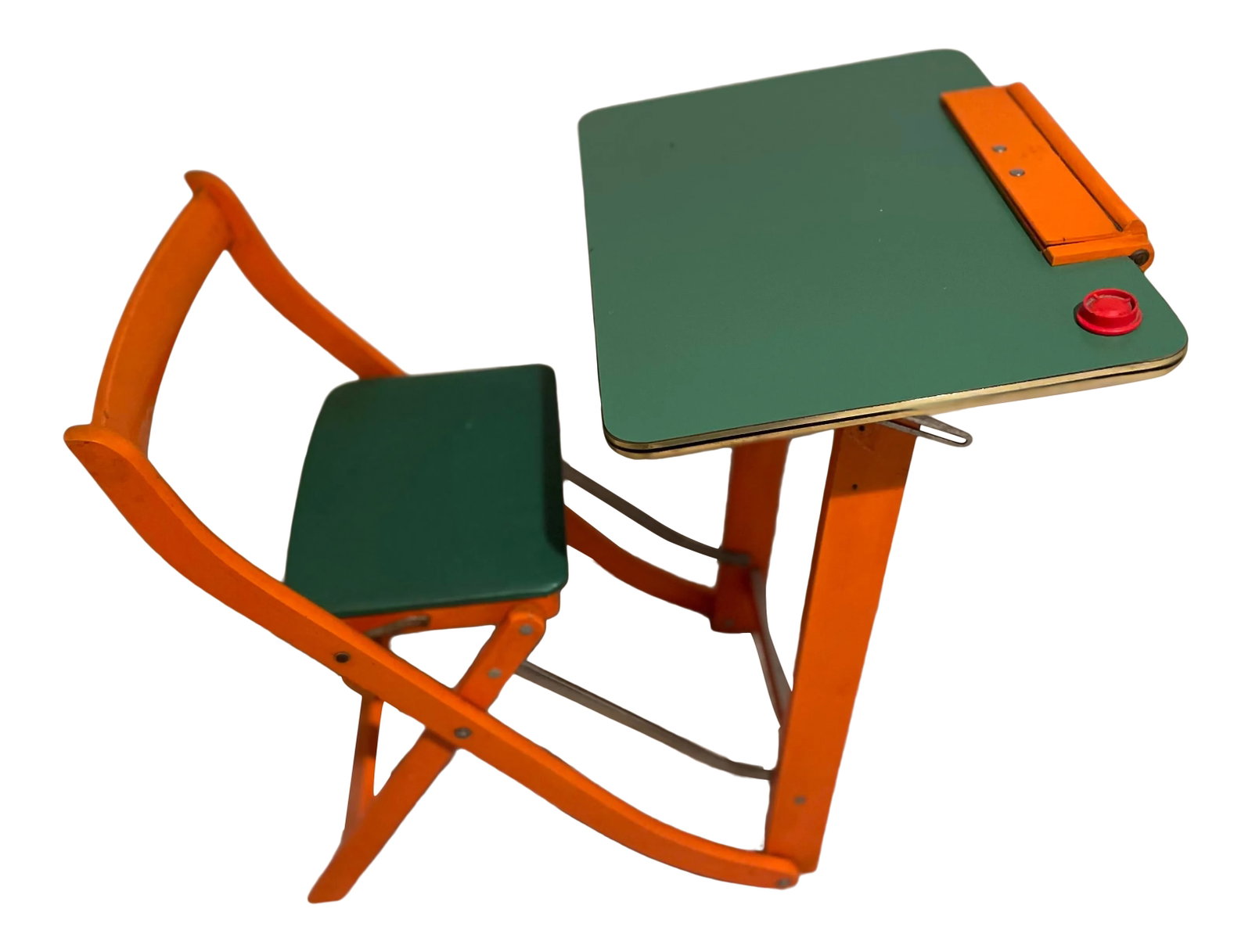 1950s Mid-Century Fratelli Reguitti Child's Fold-Up Desk & Chair: Vintage Italian Fratelli Reguitti child's folding desk and chair with many delightful features including a lift-up top to reveal a place to store items, another compartment on top for pencils and a pr