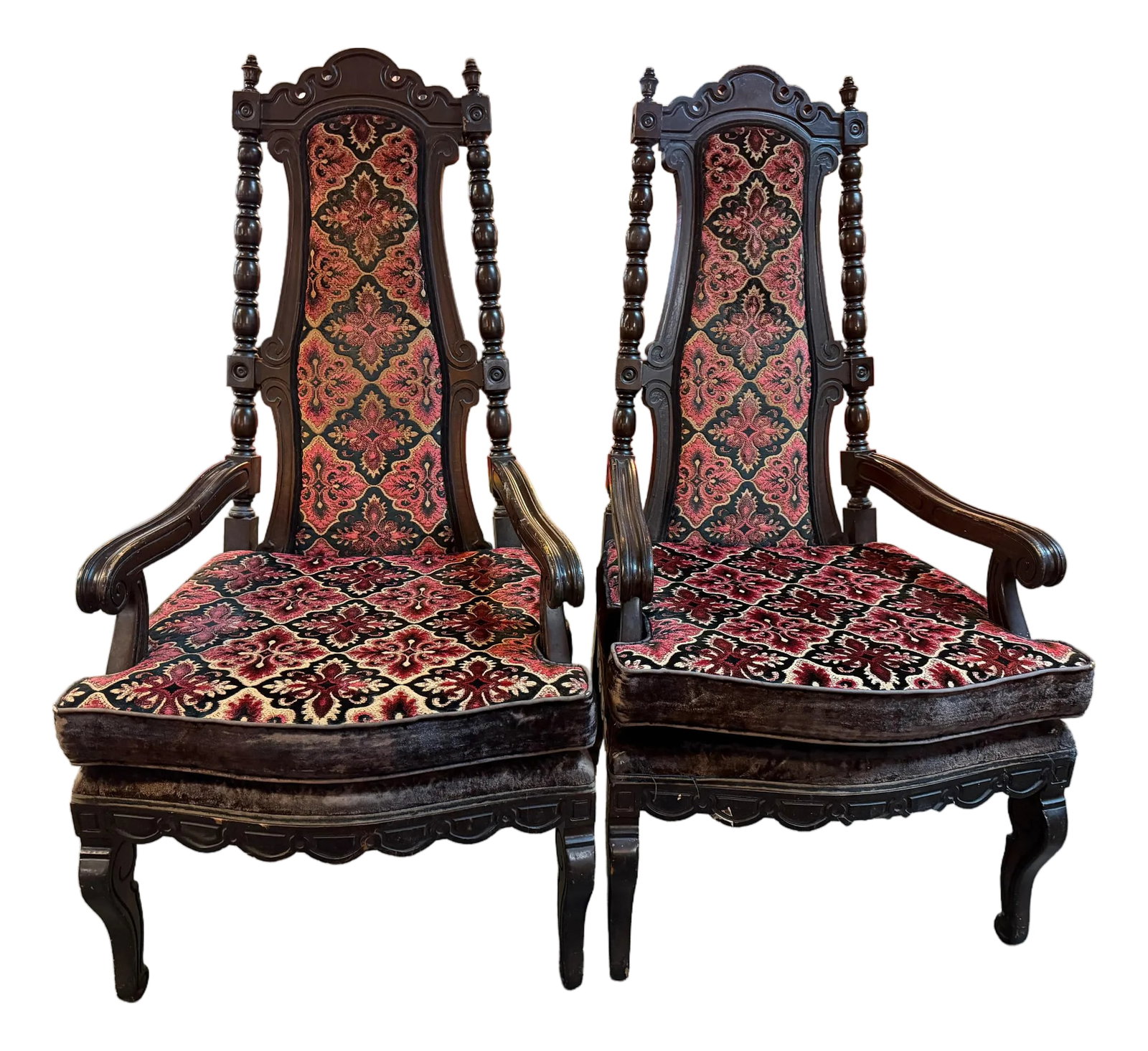 Early 20th Century Carved Jacobean Victorian Throne Chairs: Stunning antique high-back throne or side chairs likely dating from the 19th to early 20th century. they features ornate carvings, characteristic of styles like Baroque, Jacobean, or Gothic Revival. C