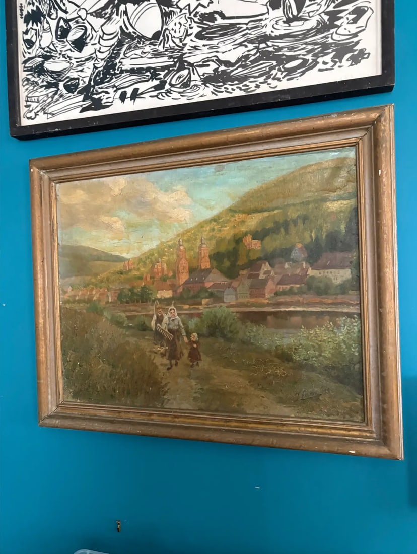Antique Landscape Oil Painting on Canvas in Gold Wood Frame - 3