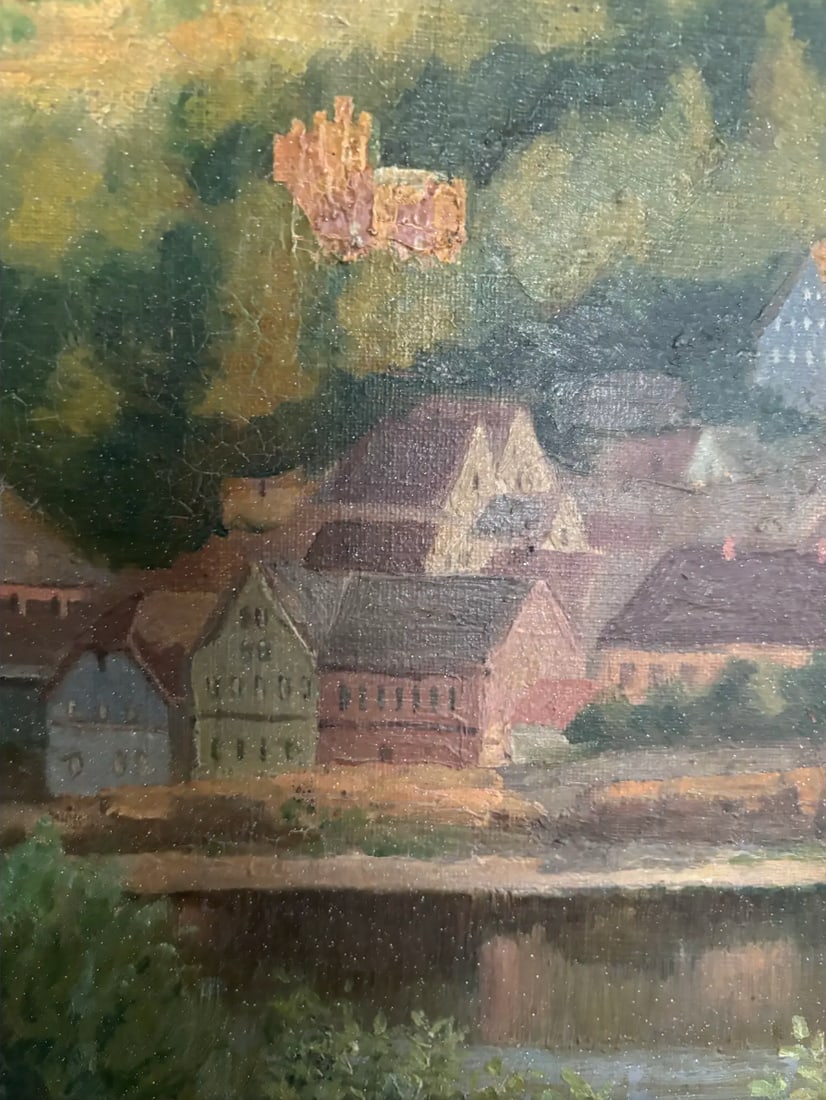 Antique Landscape Oil Painting on Canvas in Gold Wood Frame - 4