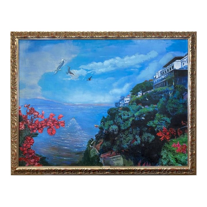 Alton S Tobey - Seascape Terrace, Original, Signed: This enticing piece features an ornate gilt frame and is an original acrylic painting on canvas showcasing the scenic Seascape Terrace. The artwork is personally signed by renowned artist Alton S