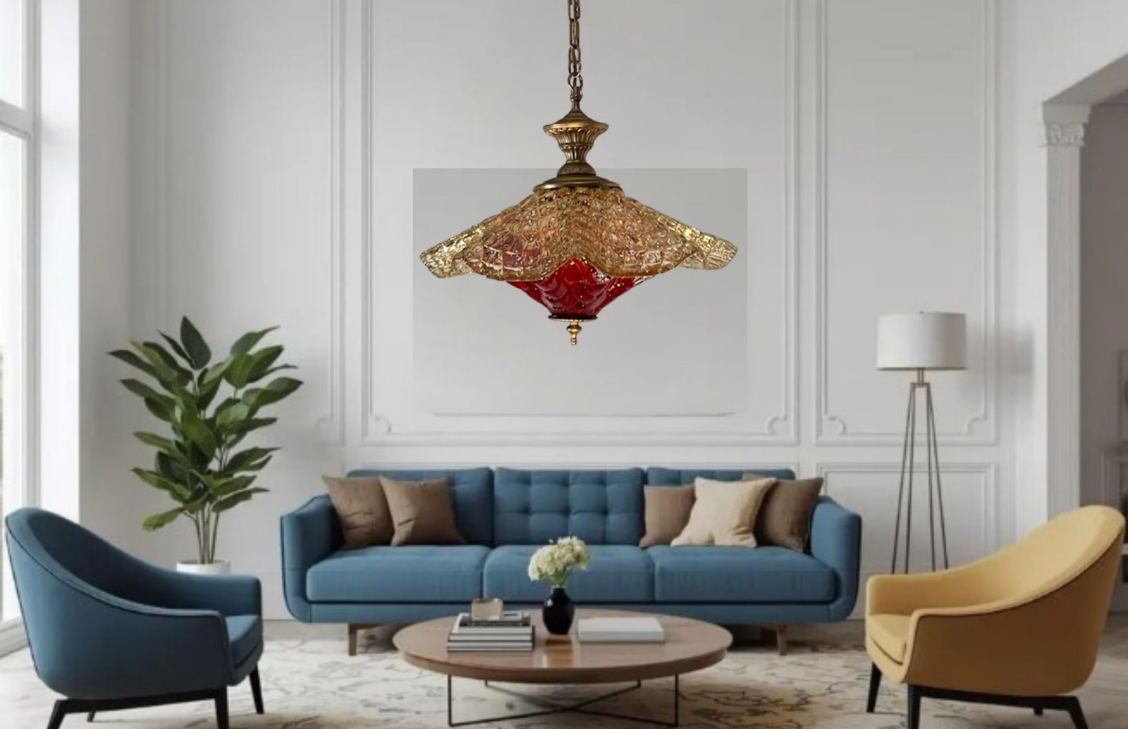 Vintage Murano Fazzoletto Art Glass "Fiore Di Fuoco" Amber Red Pendant Light - 2