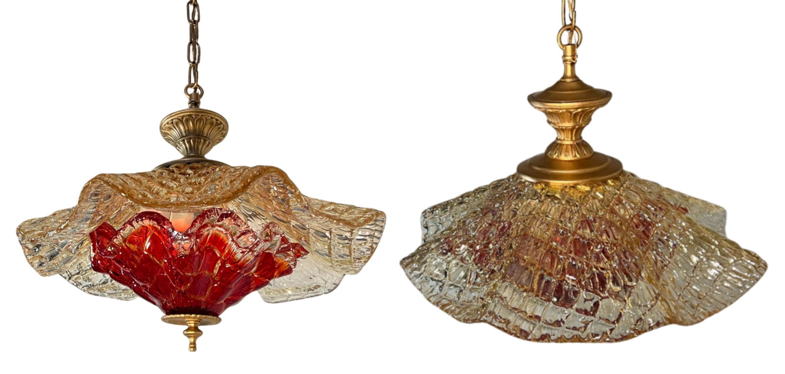 Vintage Murano Fazzoletto Art Glass "Fiore Di Fuoco" Amber Red Pendant Light - 5