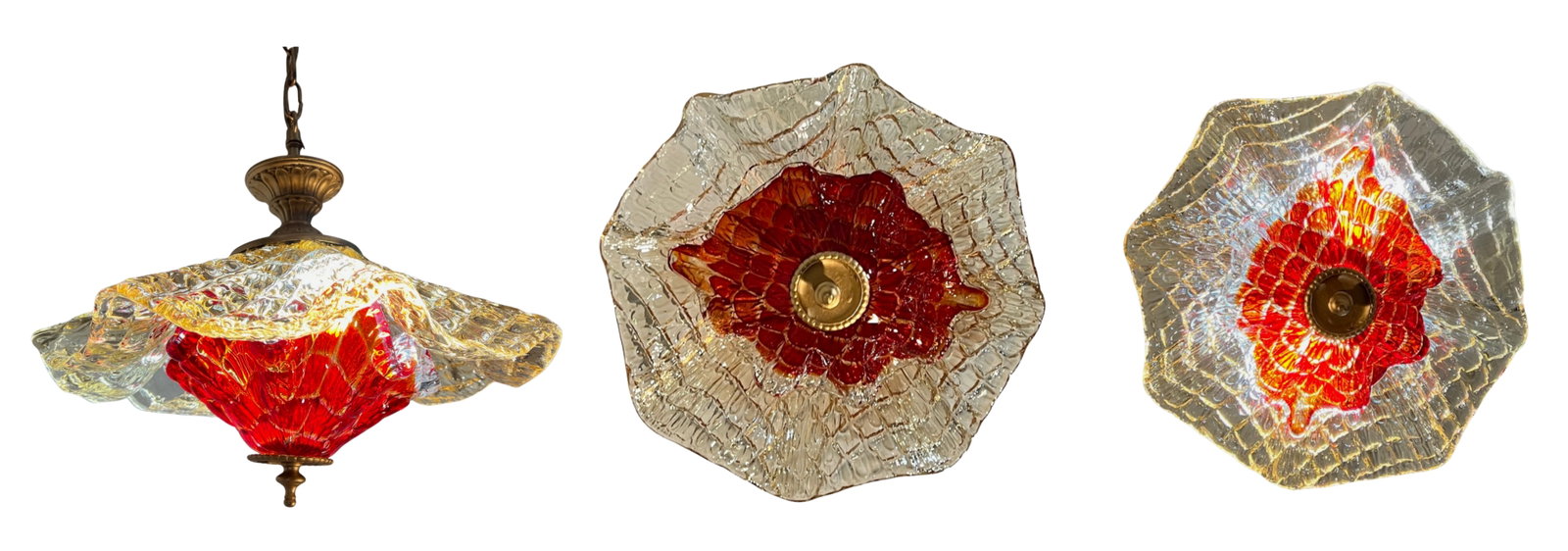 Vintage Murano Fazzoletto Art Glass "Fiore Di Fuoco" Amber Red Pendant Light - 7
