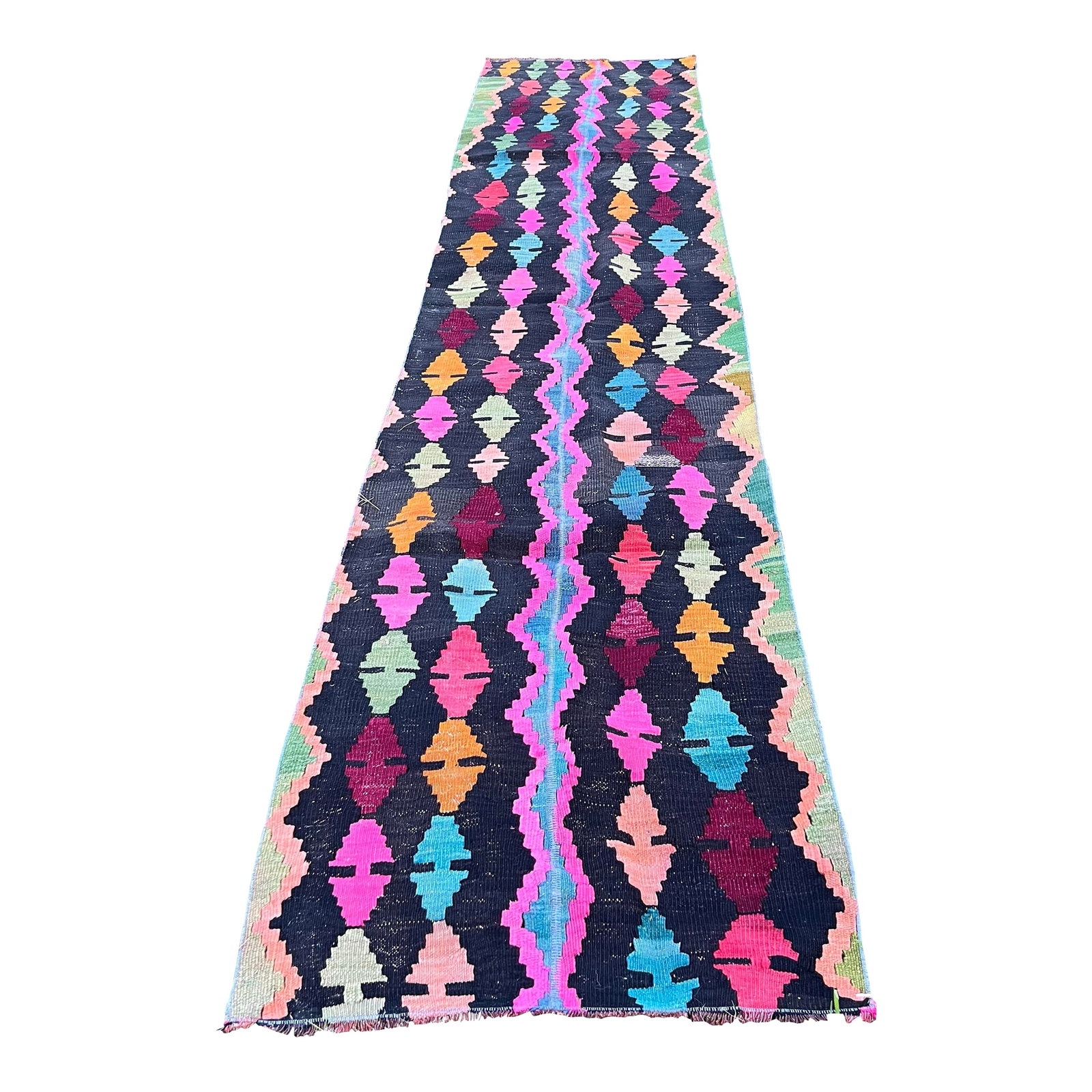 1940s Vintage Diamond Pattern Bright Colors Flatweave Kilim Rug: All rugs have been professionally cleaned; original condition is not altered, age-related wear is considered normal in these unique, hand woven vintage rugs. It is common for slight variations in