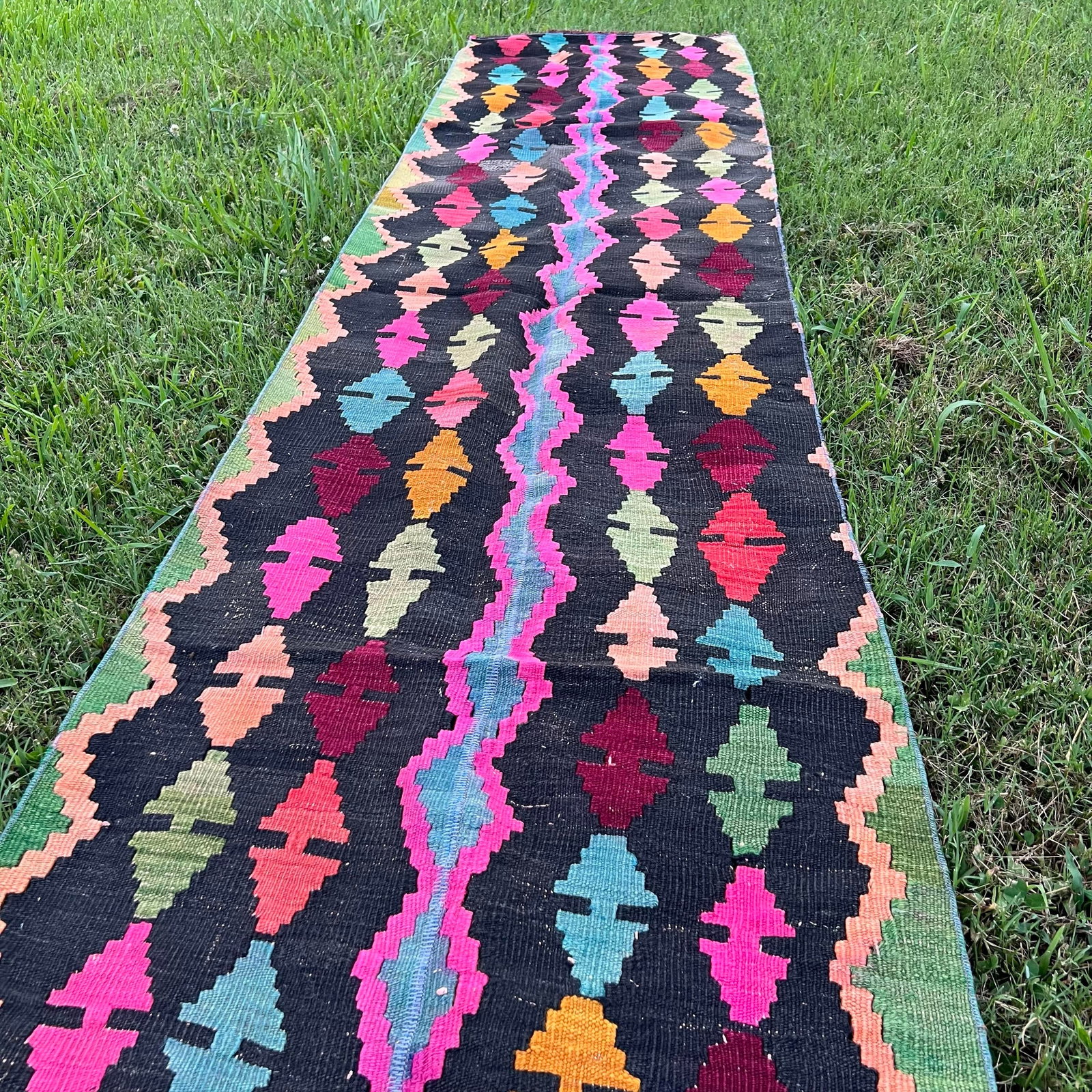 1940s Vintage Diamond Pattern Bright Colors Flatweave Kilim Rug - 5