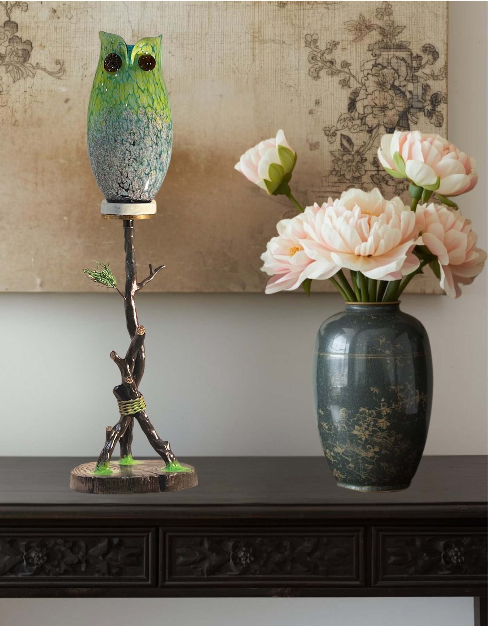 Murano Art Glass Owl Perched on a Tree Branch Torchiere Lamp - 12