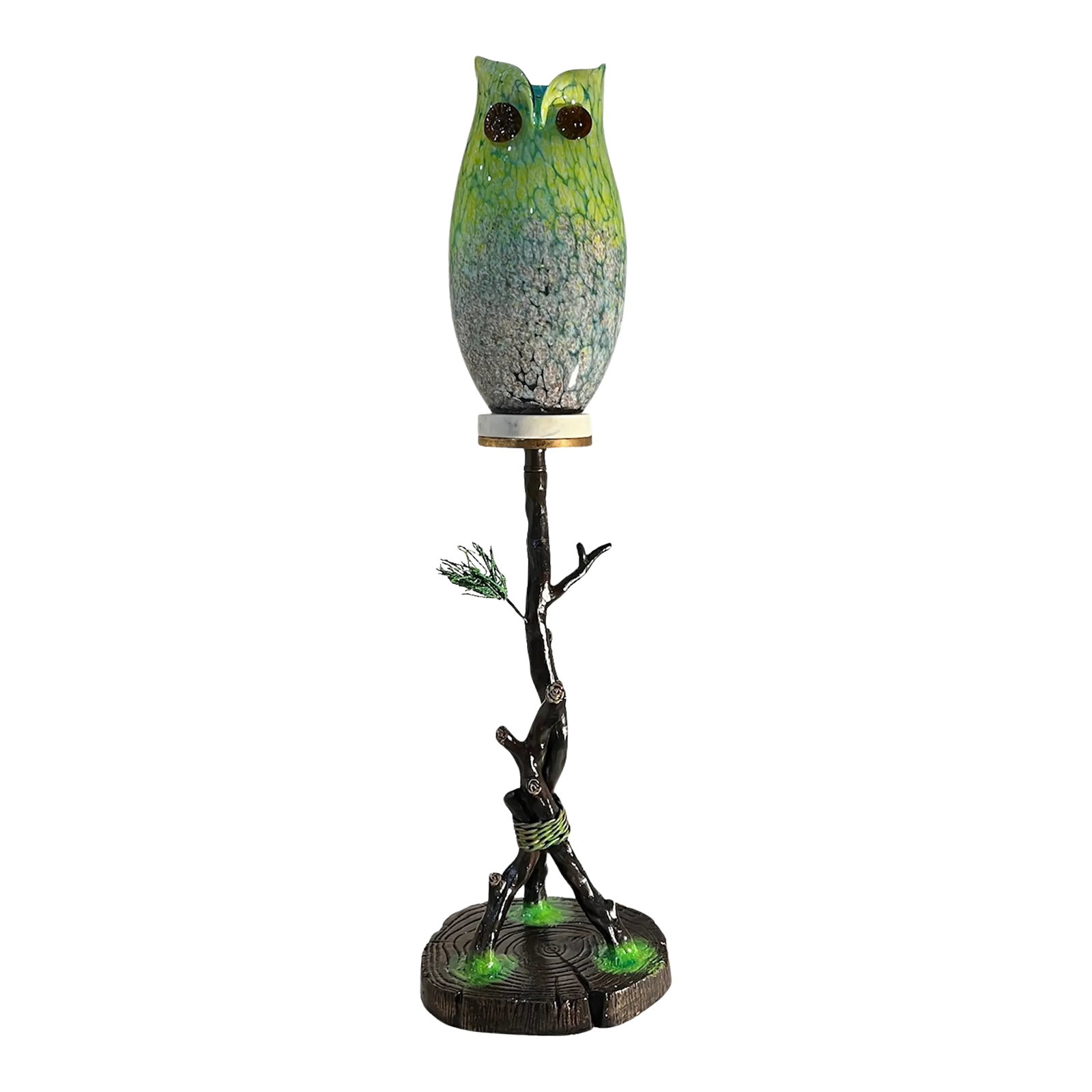 Murano Art Glass Owl Perched on a Tree Branch Torchiere Lamp: This striking 31-inch torchiere lamp is a captivating fusion of Murano glass artistry, white marble, and finely crafted Quoizel lamp parts. Both sculptural and functional, it stands as a statement pie