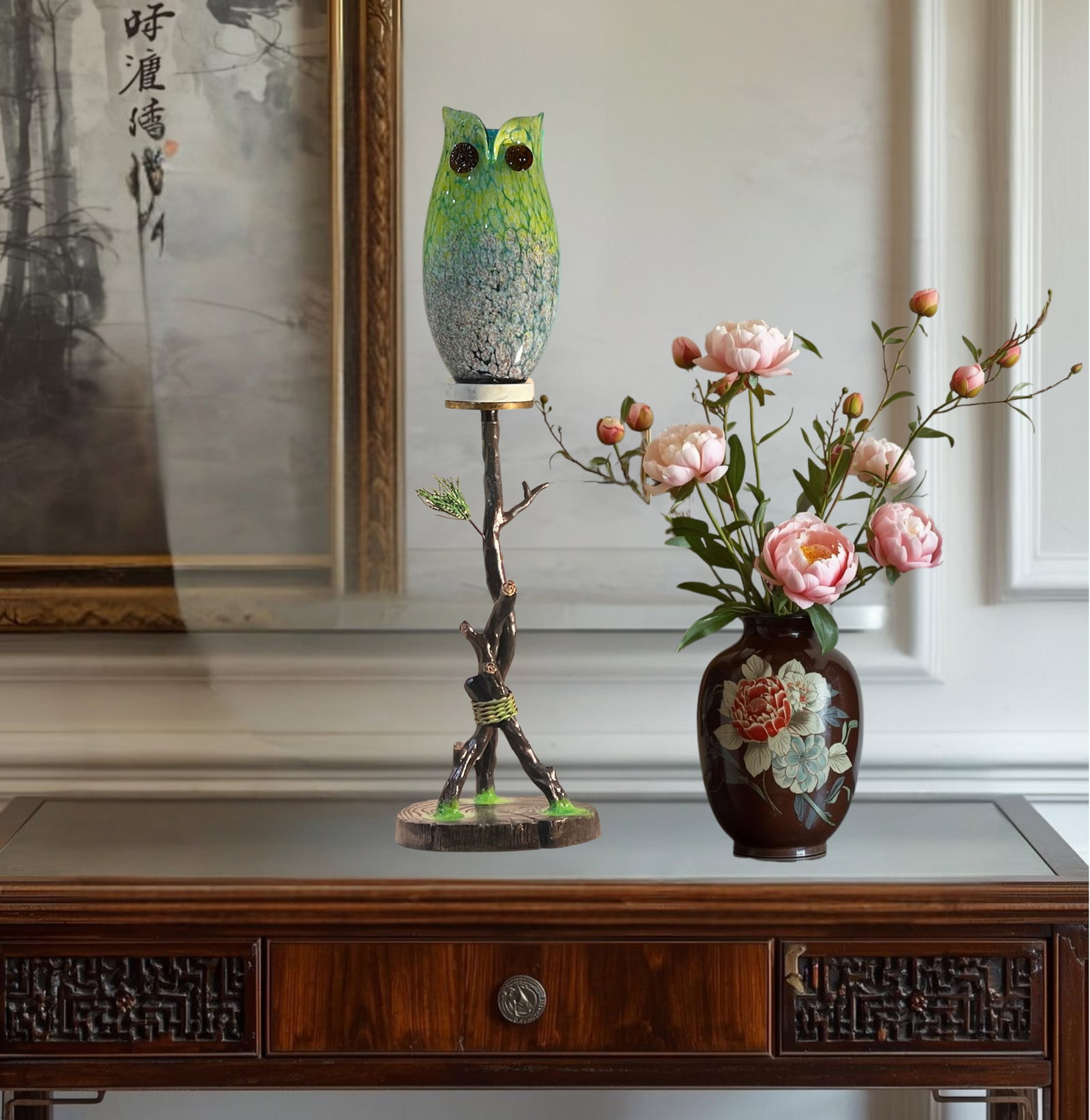 Murano Art Glass Owl Perched on a Tree Branch Torchiere Lamp - 3