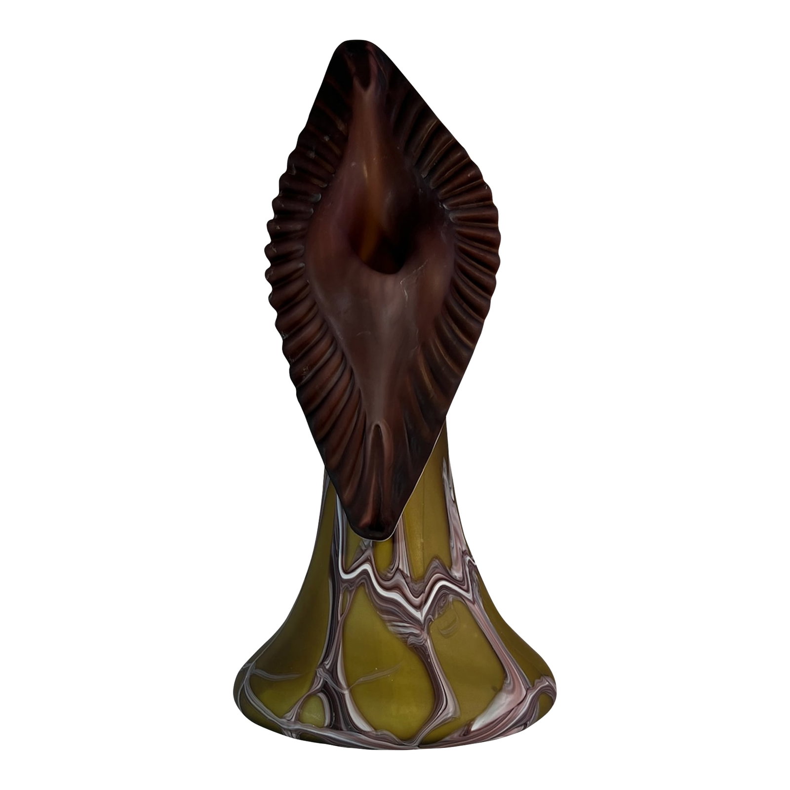 Vintage Essie Zareh Baijan Abstract Jack in the Pulpit Green & Brown Art Glass Vase: This one-of-a-kind statement piece, a hand-blown jack-in-the-pulpit art glass vase by Azerbaijani artist Essie Zareh stands an impressive 171/4 inches tall and 81/4 inches wide, with a commanding