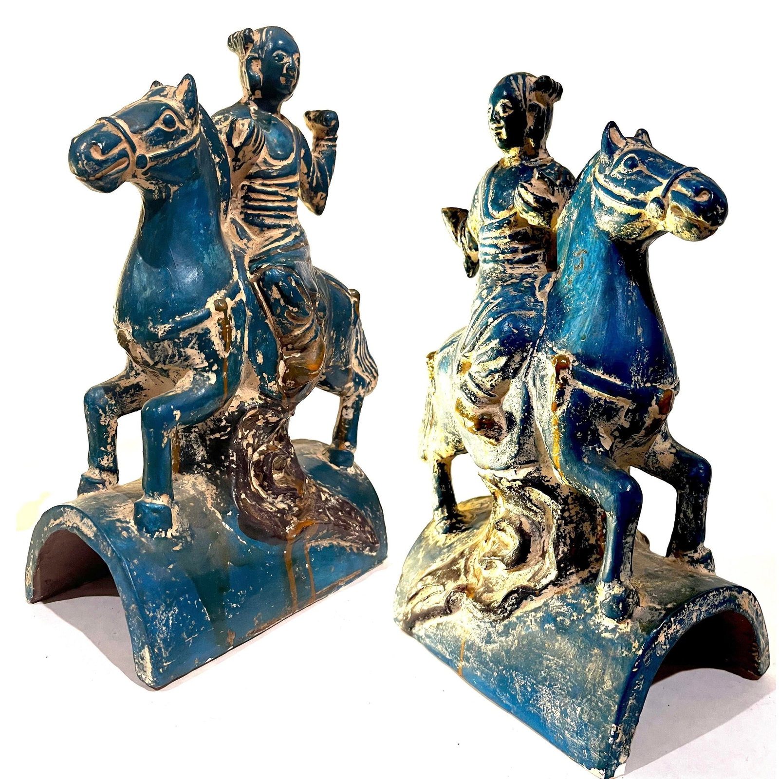 1950's Chinoiserie Stoneware Turquoise Teal Tang Warriors on Horses - Pair - 2