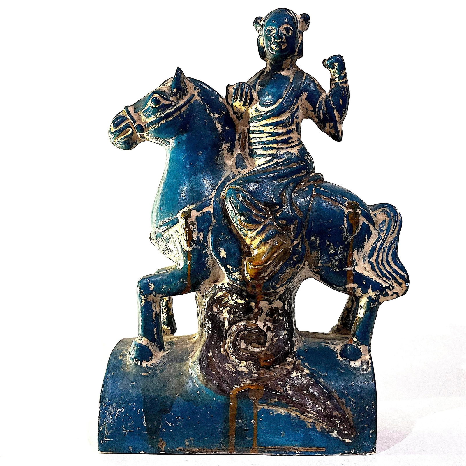 1950's Chinoiserie Stoneware Turquoise Teal Tang Warriors on Horses - Pair - 3