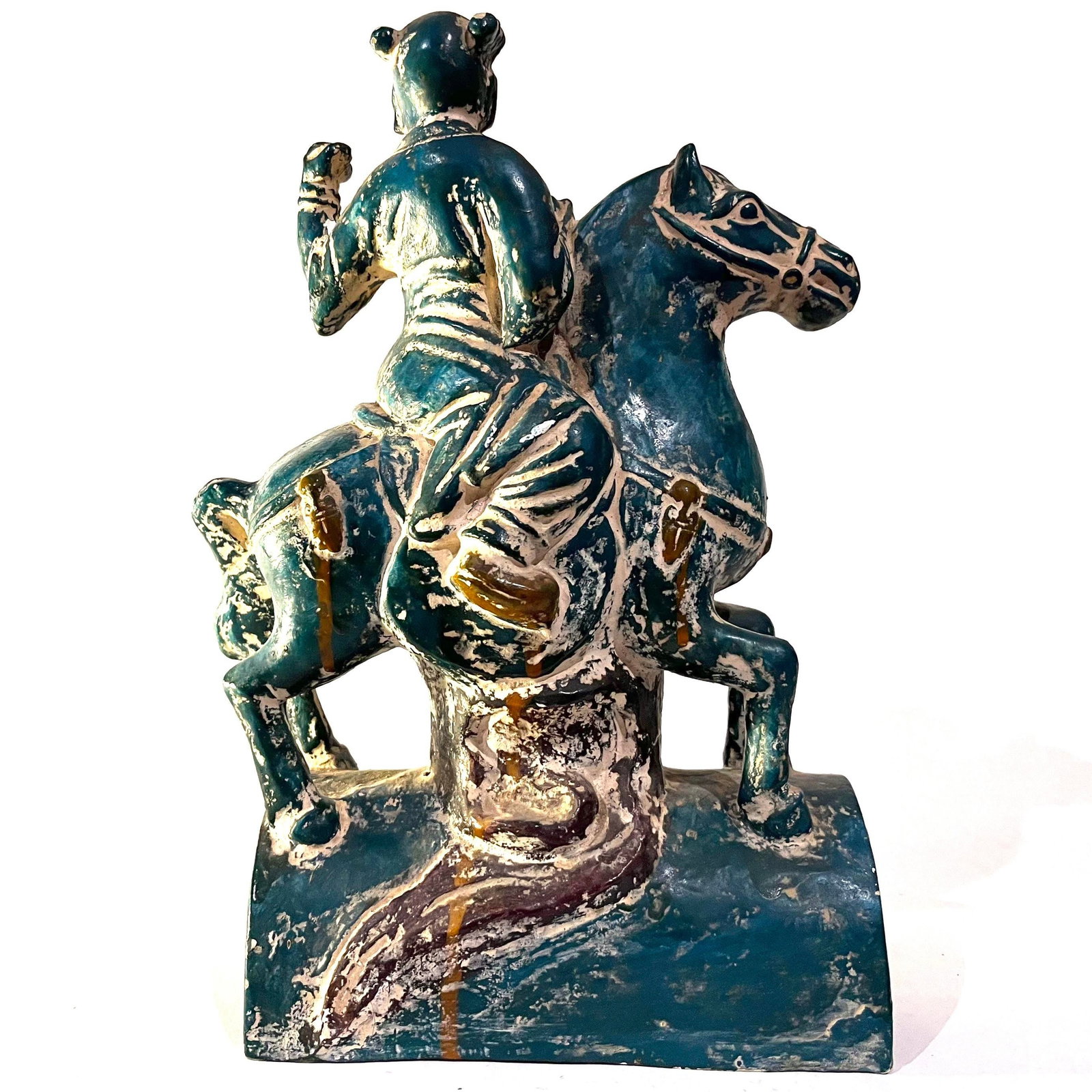1950's Chinoiserie Stoneware Turquoise Teal Tang Warriors on Horses - Pair - 5