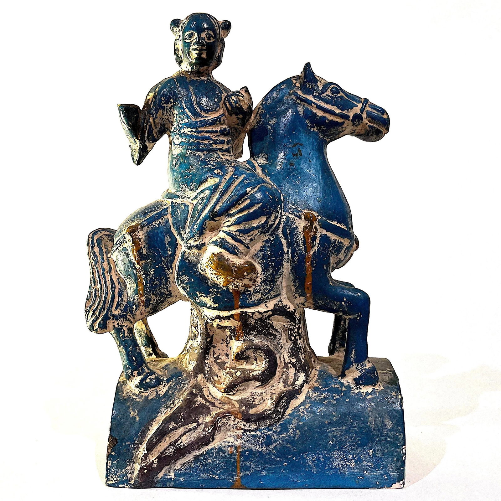 1950's Chinoiserie Stoneware Turquoise Teal Tang Warriors on Horses - Pair - 6