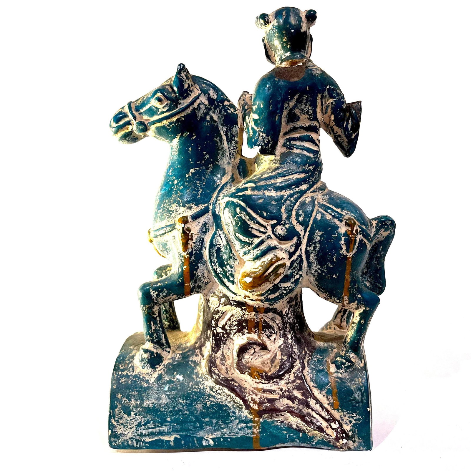 1950's Chinoiserie Stoneware Turquoise Teal Tang Warriors on Horses - Pair - 8