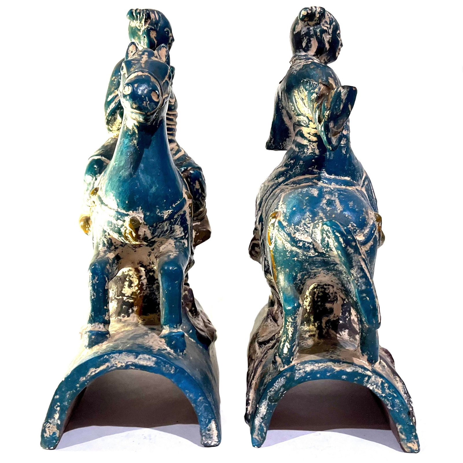 1950's Chinoiserie Stoneware Turquoise Teal Tang Warriors on Horses - Pair - 9