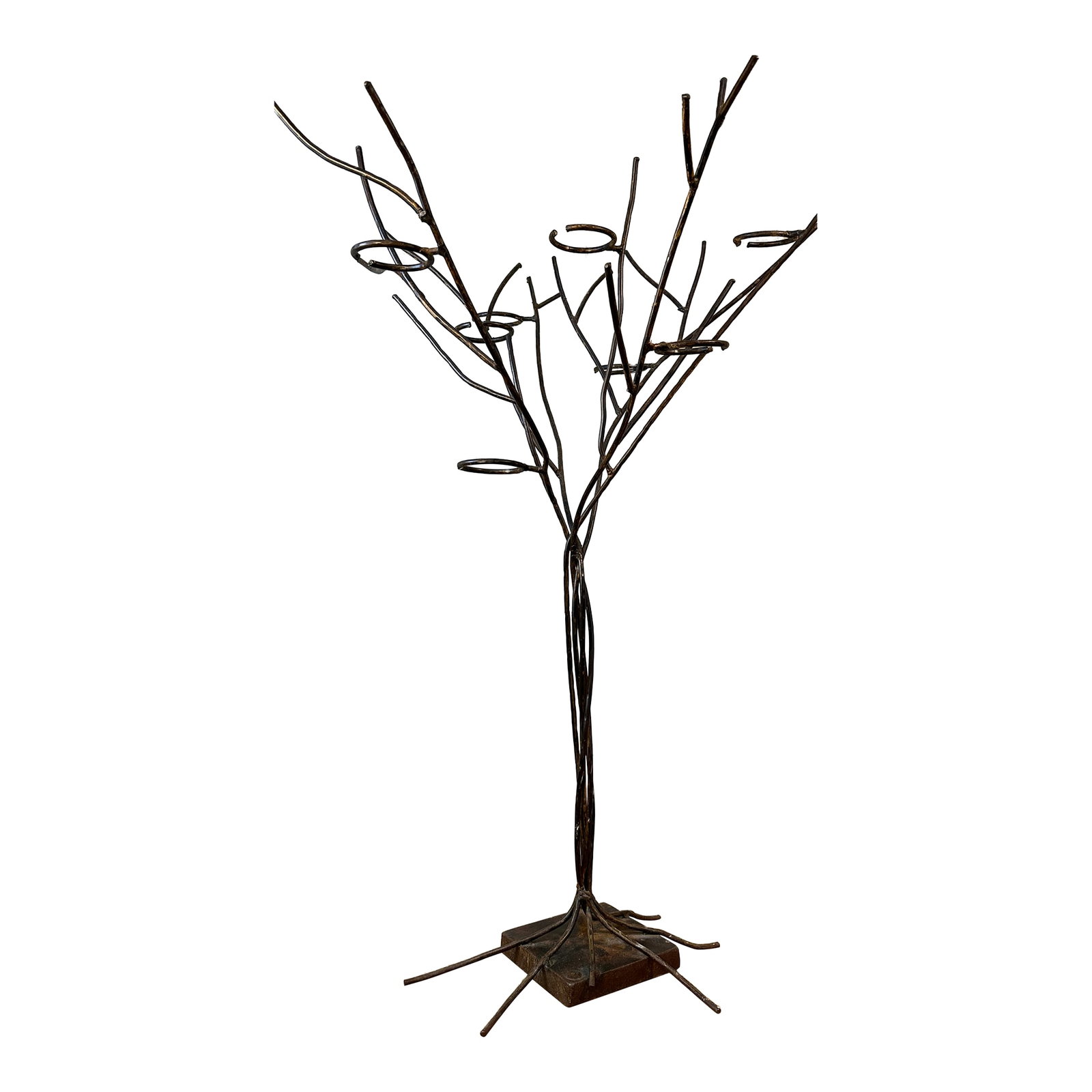 1990s Jan Barboglio Forged Iron Tree Floor Candelabra 7-Light Candle Holder Signed 47": This is a magnificent floor-standing candelabra by renowned designer Jan Barboglio. Crafted from heavy hand-forged iron with her signature rustic patina, it is shaped like a tree with a twisted trunk 