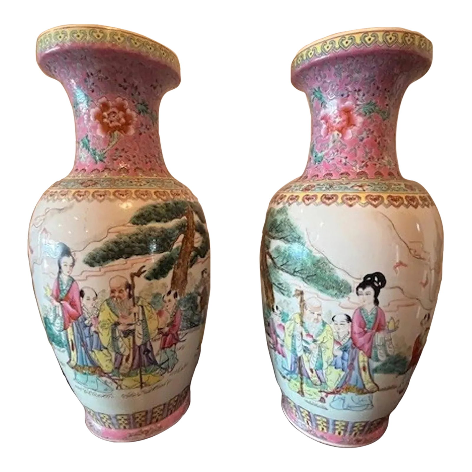 Stunning Matched Pair of 20-Inch Chinese Famille Rose Porcelain Vases: Offered is a magnificent, true mirror-image pair of vintage Chinese export porcelain vases in pristine mint condition. Standing at a monumental 20 inches tall, these statement pieces feature the