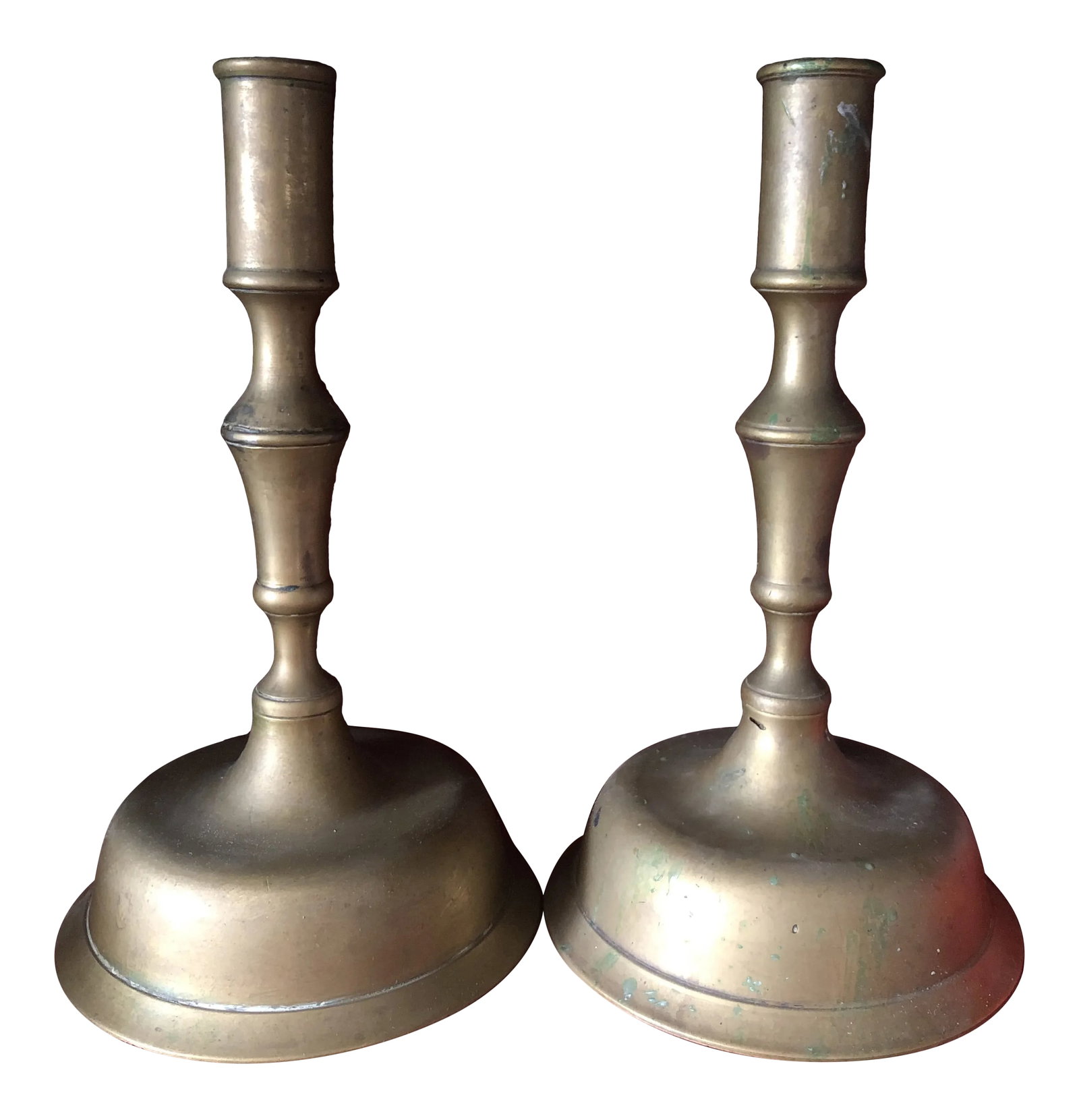 18th / 19th Century Bell Bottom Lg British Colonial Brass Candle Holders- a Pair: Wonderful antique candlesticks in brass, rare form Condition: Alterations: Restored Imperfections: Some Imperfections Condition Notes: Oxidation present, some wear, two areas of pitting from age. Mate