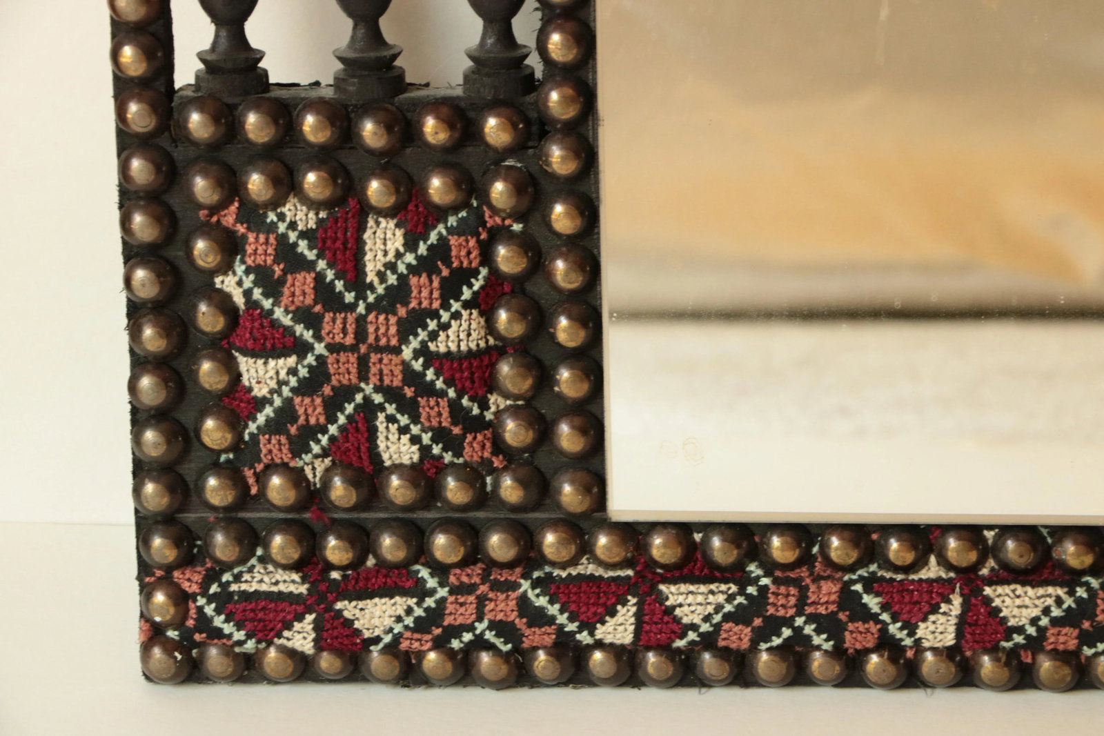 Tribal Cross Stitch Mirror With Nailhead Trim - 2