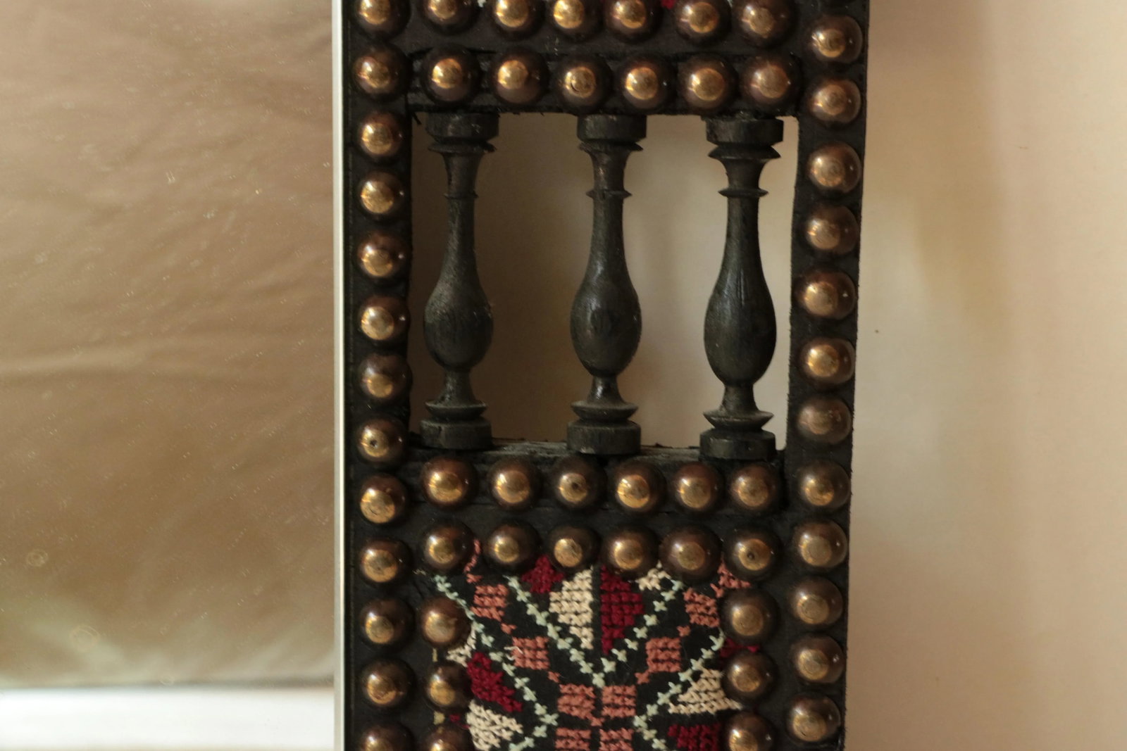 Tribal Cross Stitch Mirror With Nailhead Trim - 3