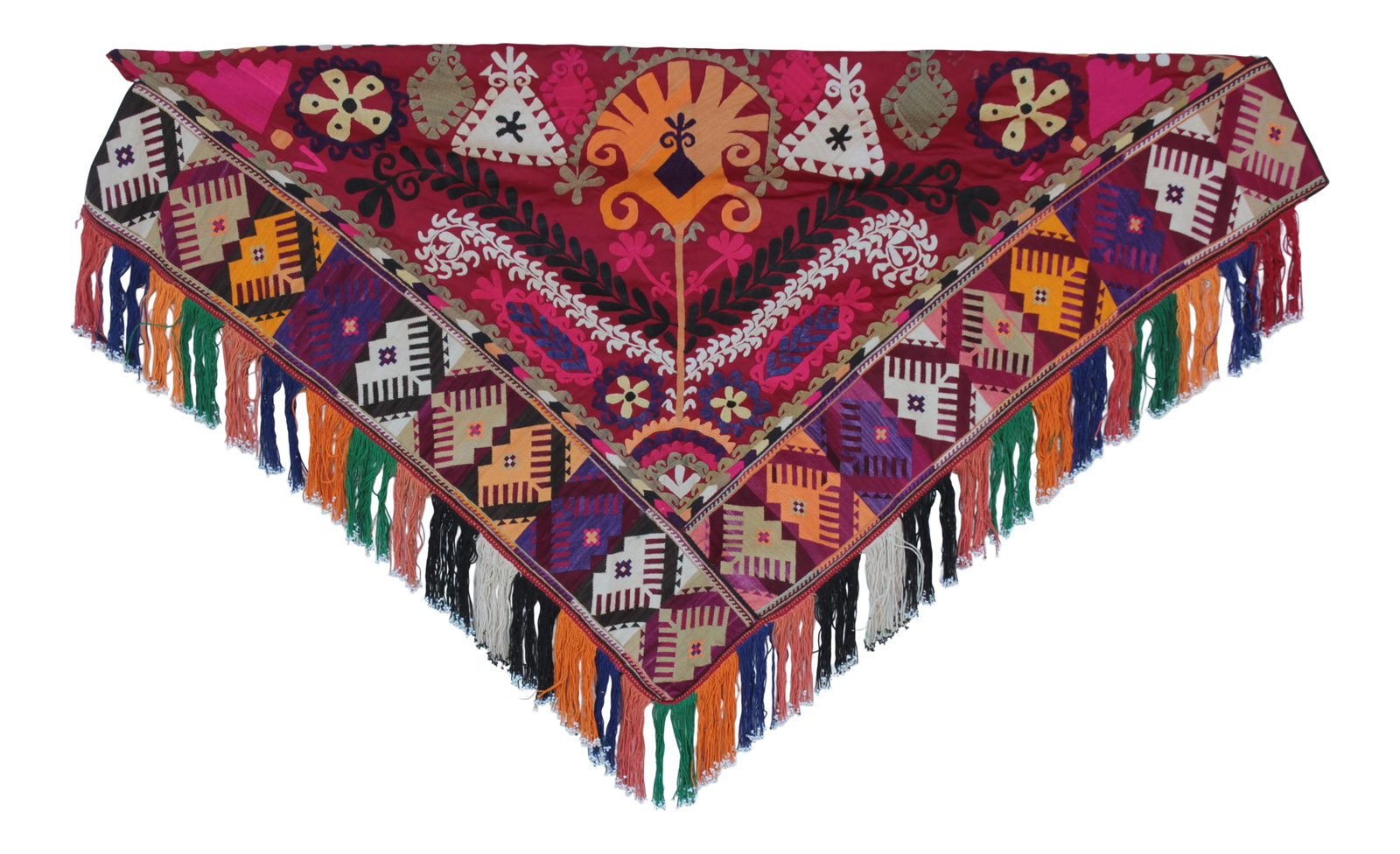 Antique Uzbek Lakai Suzani Embroidery: Intricately-stitched triangular Suzani fabric panel with beaded fringe. Condition: Alterations: Original Condition Unaltered Imperfections: Some Imperfections Condition Notes: Some age appropriate